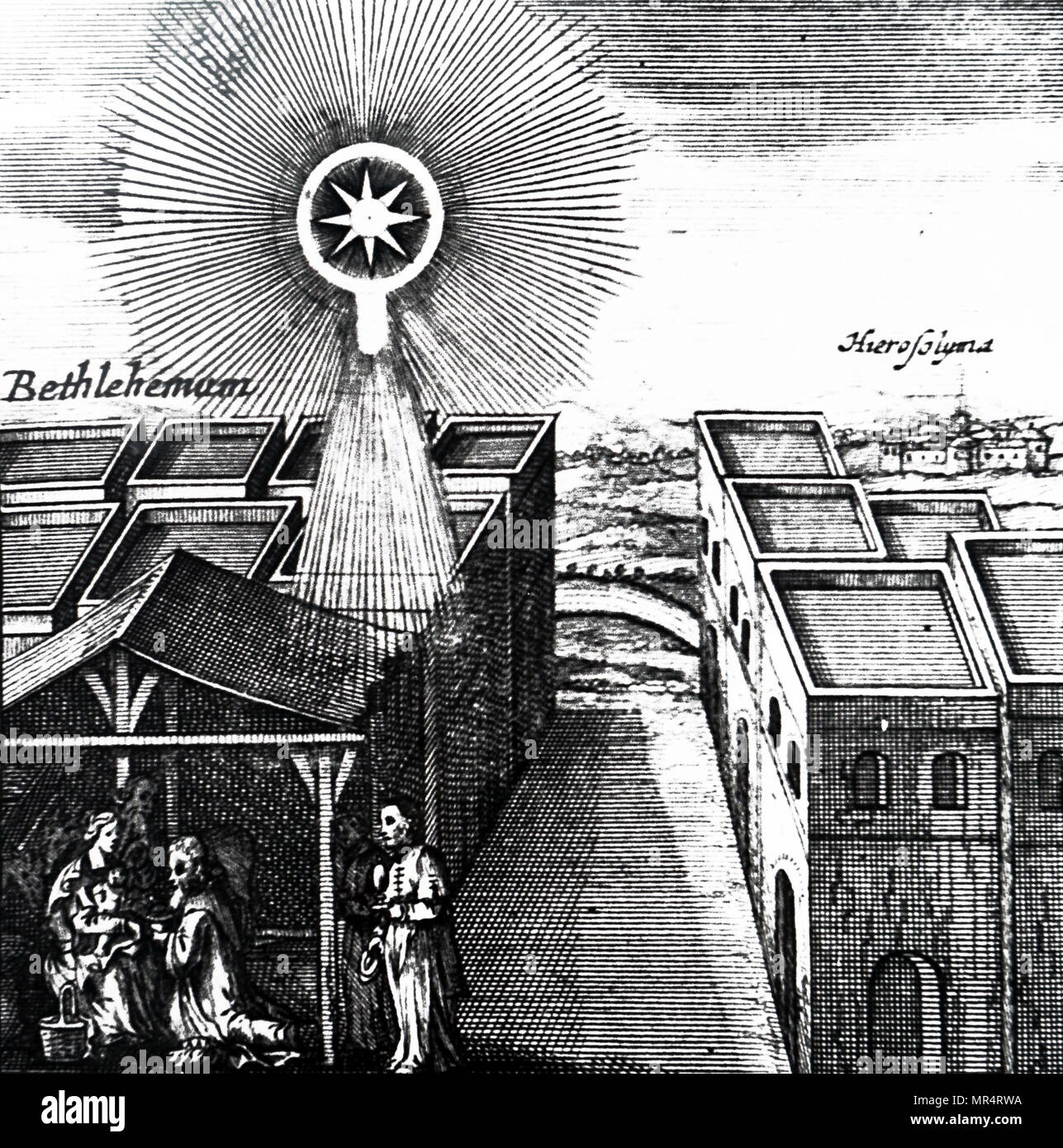 Holzstich mit der Darstellung der Heiligen Drei Könige die Geschenke, dem Jesuskind. Overhead ist der Star (Nova), die angeblich ist sie nach Bethlehem geführt zu haben. Vom 17. Jahrhundert Stockfoto