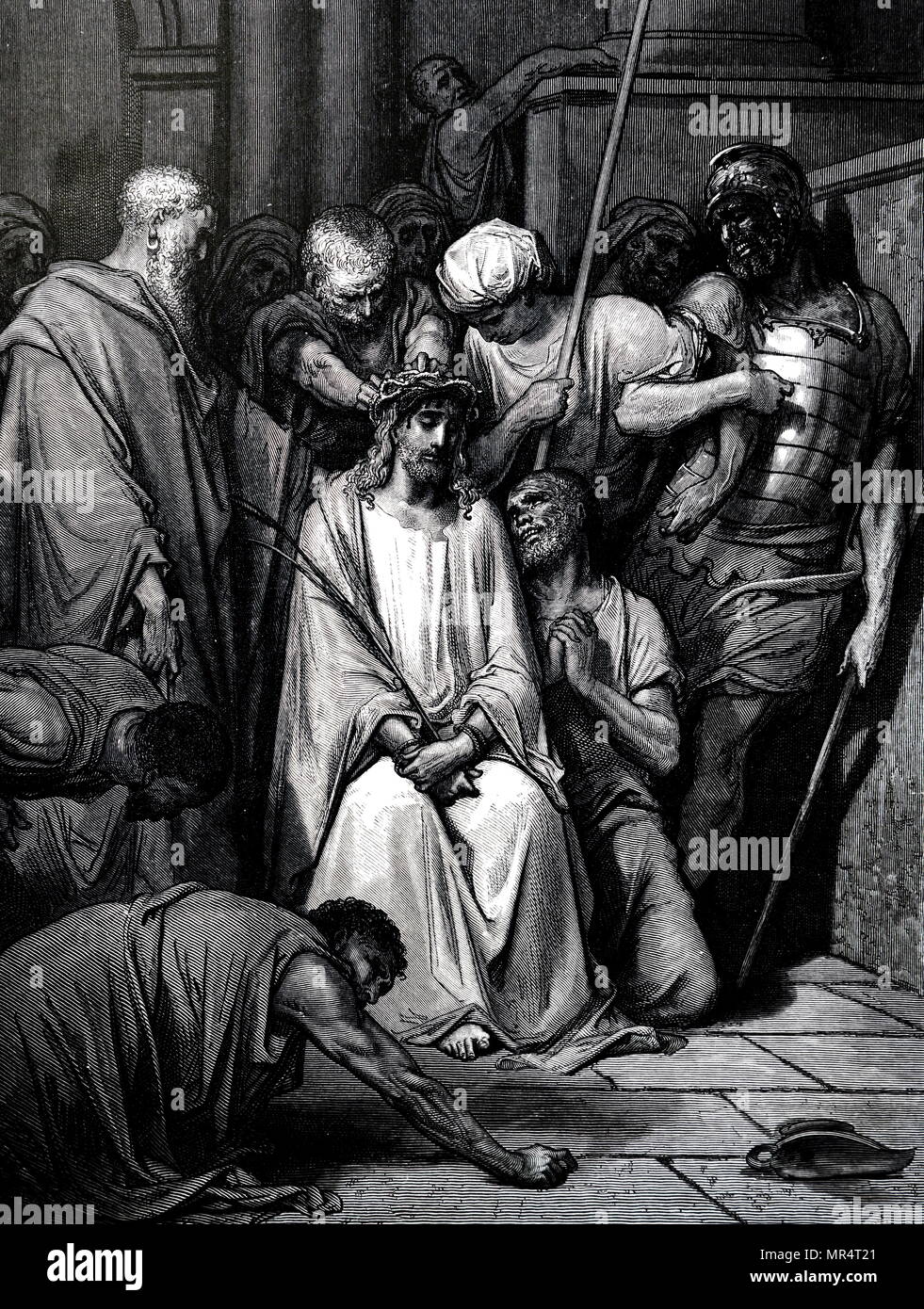 Gravur Darstellung von Jesus Christus als die Dornenkrone verspottet ist auf seinem Kopf platziert, mit dem Apostel Johannes kniet sich neben ihn. Vom 19. Jahrhundert Stockfoto