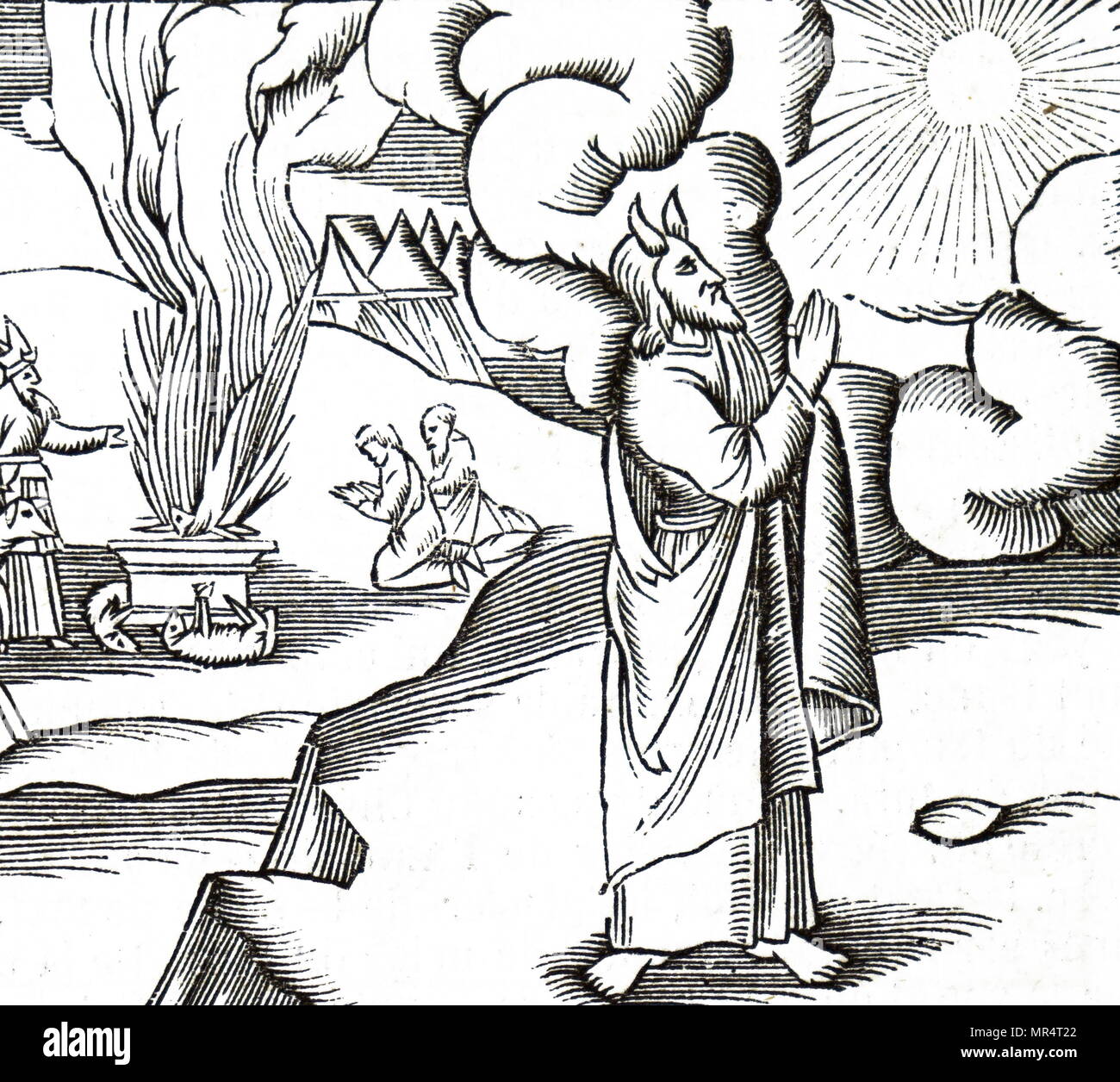 Holzschnitt Kupferstich, die Mose auf dem Berg, wo er die Tabletten, die die Zehn Gebote von Gott empfangen. Vom 16. Jahrhundert Stockfoto