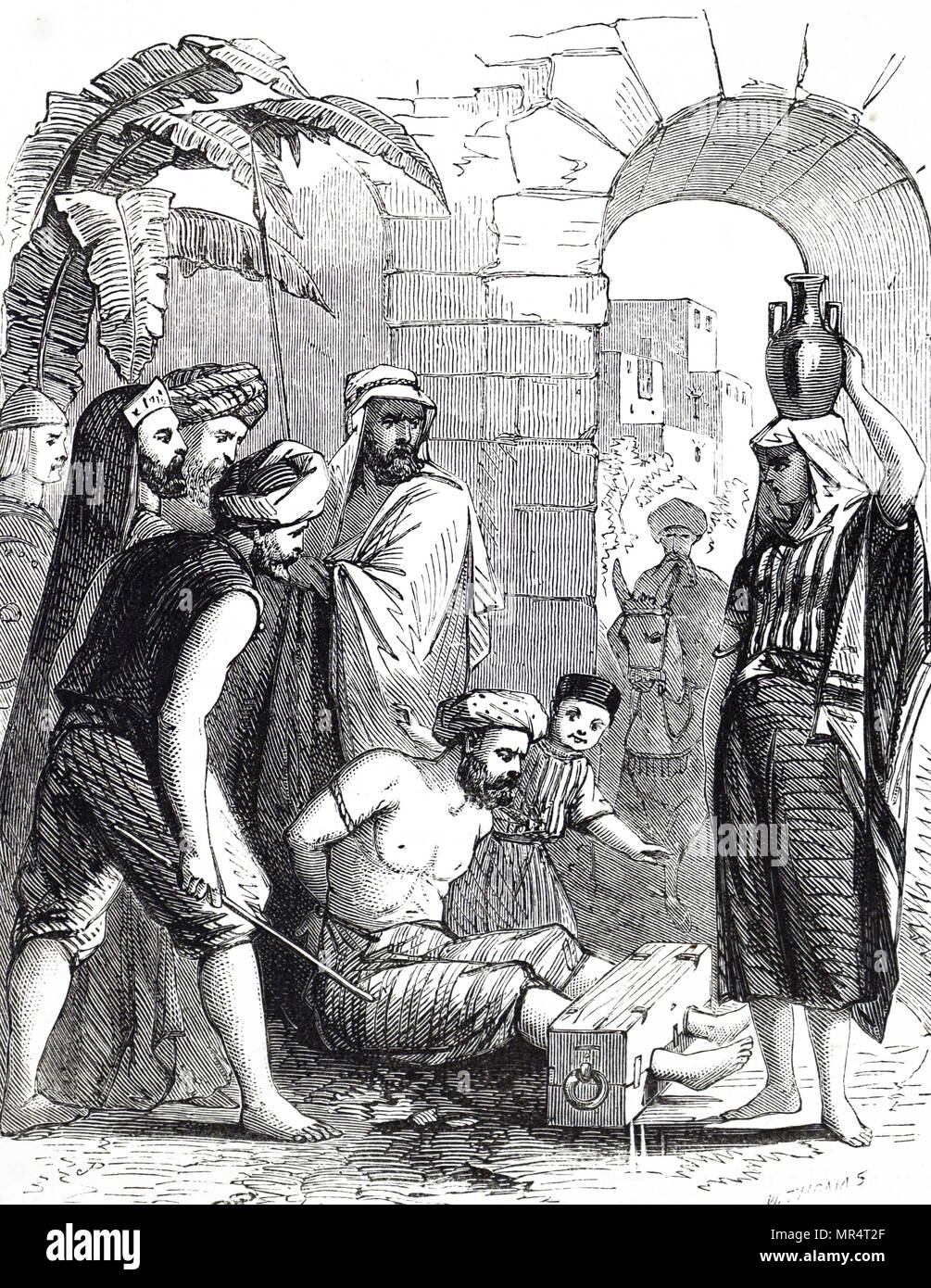 Kupferstich mit der Darstellung eines syrischen Kriminelle, die von der Belastung der Öffentlichkeit in die Bestände bestraft zu werden. Vom 19. Jahrhundert Stockfoto