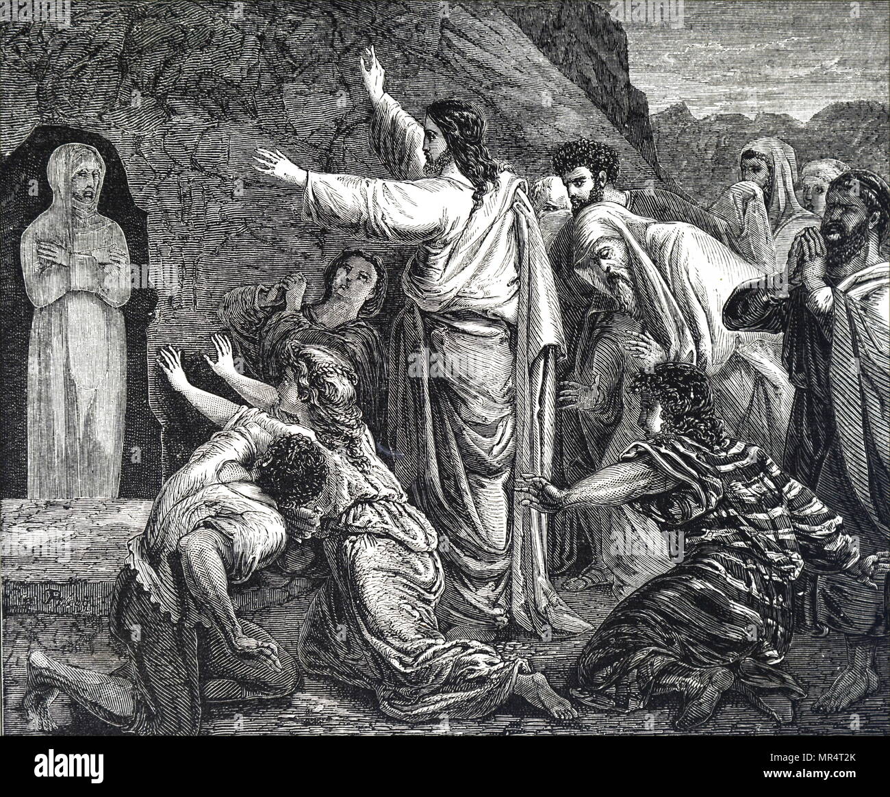 Kupferstich mit der Darstellung der Auferweckung des Lazarus. Jesus stellt sich Lazarus, der Bruder von Martha und Maria, der von den Toten nach der Verstorbenen, für 4 Tage. Vom 19. Jahrhundert Stockfoto