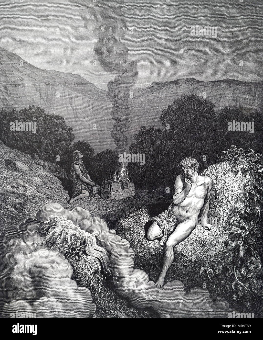 Gravur, Abel, den Hirten, die Darbringung der Erstling seiner Herde, und dem Herrn zu gefallen. Kain, Vordergrund, die Lenkstange, hat sein Angebot abgelehnt, und er wird eifersüchtig auf Abel. Vom 19. Jahrhundert Stockfoto