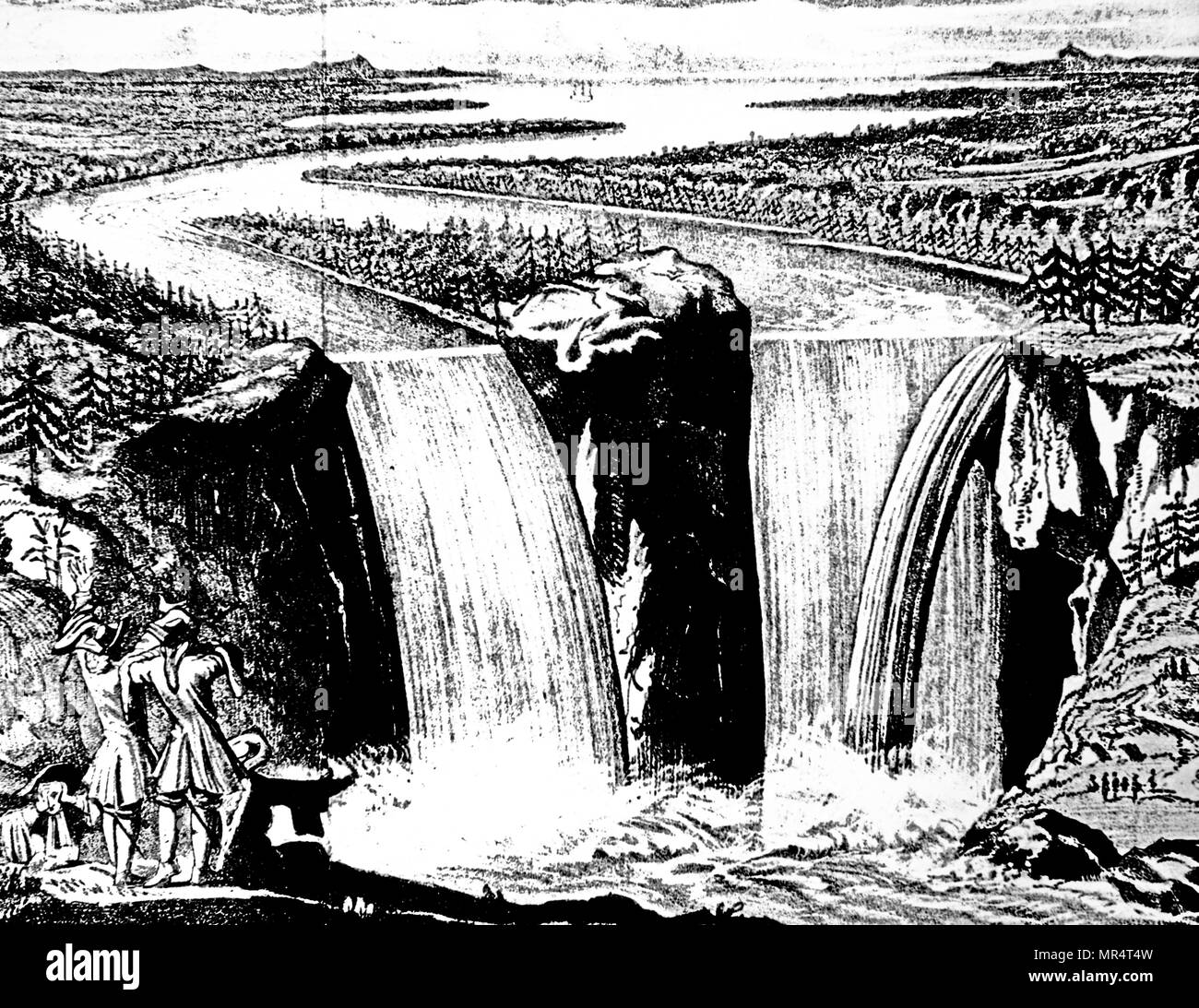 Gravur mit einer Ansicht von Niagara Falls von Louis Hennepin. Louis Hennepin (1626-1704), ein römisch-katholischer Priester und Missionar der Franziskanischen Recollet bestellen und ein Entdecker des Inneren von Nordamerika. Vom 17. Jahrhundert Stockfoto