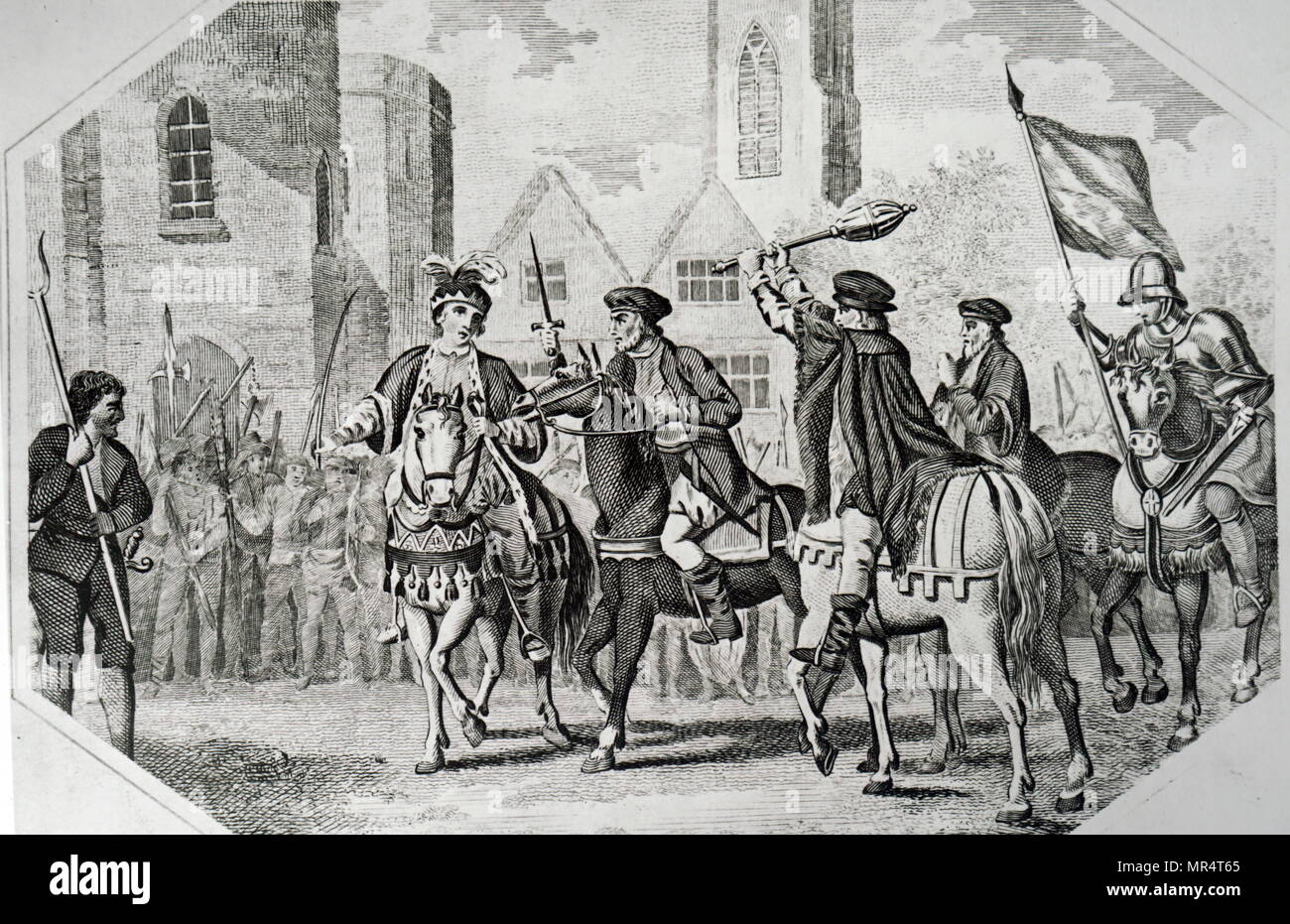 Gravur, William Walworth markante Wat Tyler, wie er an Richard II. in Smithfield spricht. Tyler war in St. Bartholomä Krankenhaus genommen, aber Walworth hatte ihm gezogen und enthauptet. Sir William Walworth (d. 1385), wurde zweimal Oberbürgermeister von London, am besten für das Töten von Wat Tyler bekannt. Wat Tyler (1342-1381) Führer der 1381 Bauern Revolte in England. Richard II. von England (1367-1400) König von England. Vom 19. Jahrhundert Stockfoto