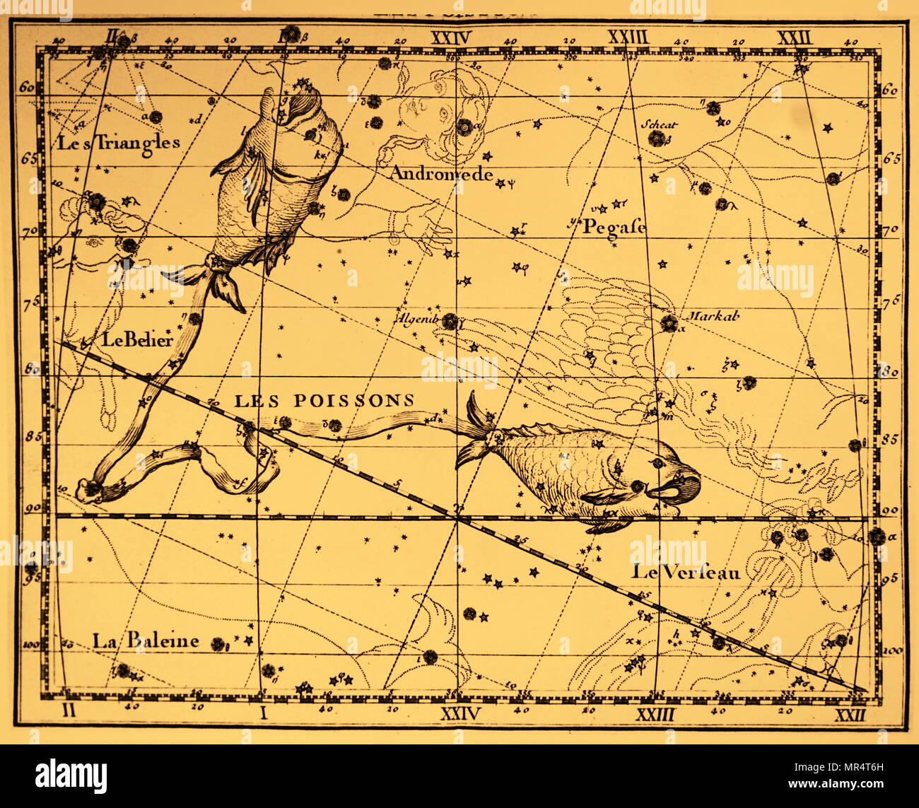 Gravur, die das Sternbild Fische. Fische ist eines der Sternbilder des Tierkreises. Vom 18. Jahrhundert Stockfoto