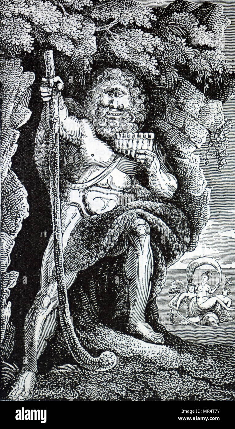 Gravur Darstellung Polyphemos der Riese, der Sohn des Poseidon und Thoosa in der Griechischen Mythologie, und eine der Kyklopen in Homers Odyssee beschrieben. Vom 18. Jahrhundert Stockfoto