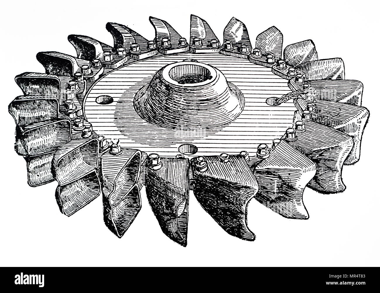 Kupferstich mit der Darstellung eines Pelton Rad, die geschwungene, unterteilt Eimer. Zu Lester Allan Pelton zugeschrieben. Diese Form der Impuls Turbine wurde während der zweiten Hälfte des neunzehnten Jahrhunderts verwendet. Lester Allan Pelton (1829-1908), einem amerikanischen Erfinder, der maßgeblich an der Entwicklung der Wasserkraft und Wasserkraft in den alten Westen und weltweit beigetragen. Vom 20. Jahrhundert Stockfoto