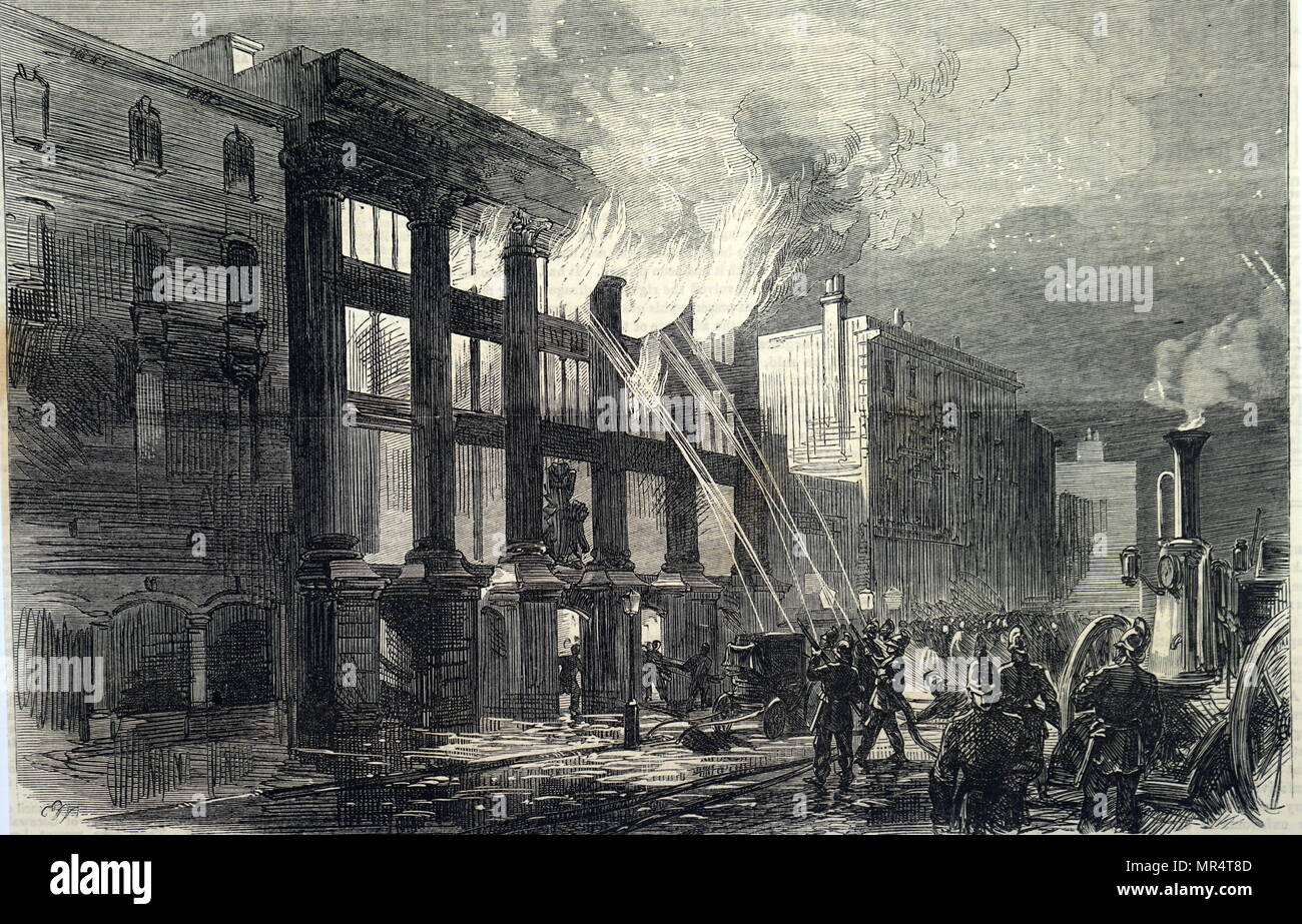 Gravur, die Feuerwehrmänner kämpfen eine Flamme in der Oxford Street, London. Vom 19. Jahrhundert Stockfoto