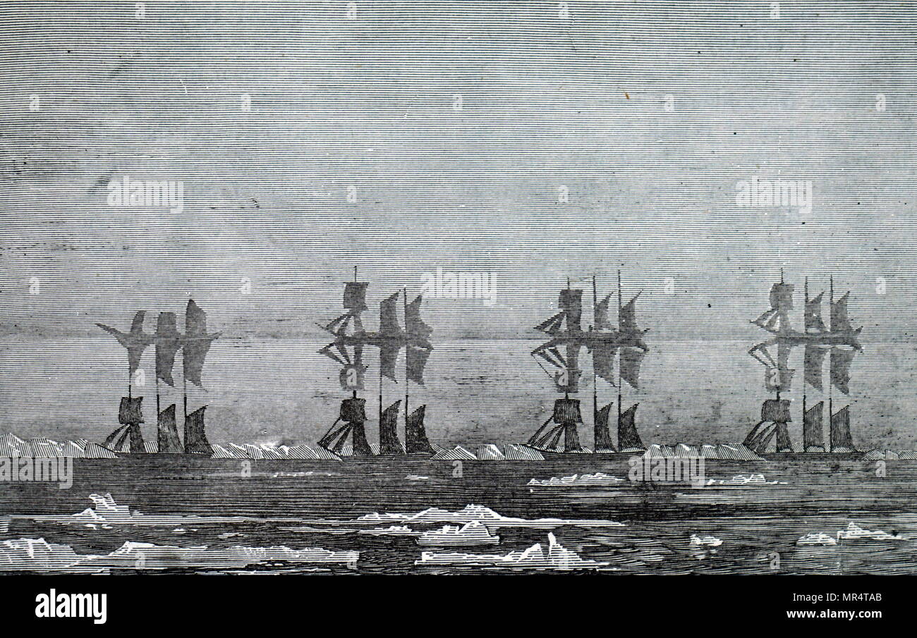 Kupferstich mit der Darstellung eines Mirage vor der Küste von Grönland im Jahr 1822 beobachtet. Vom 19. Jahrhundert Stockfoto