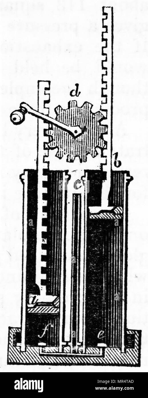 Querschnitt der Zahnstangenlenkung Mechanismus für den Betrieb der Pumpe verwendet. Vom 19. Jahrhundert Stockfoto