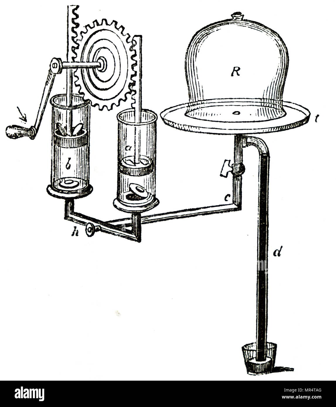 Diagramm einer Zahnstangenlenkung Mechanismus für den Betrieb der Pumpe verwendet. Vom 19. Jahrhundert Stockfoto