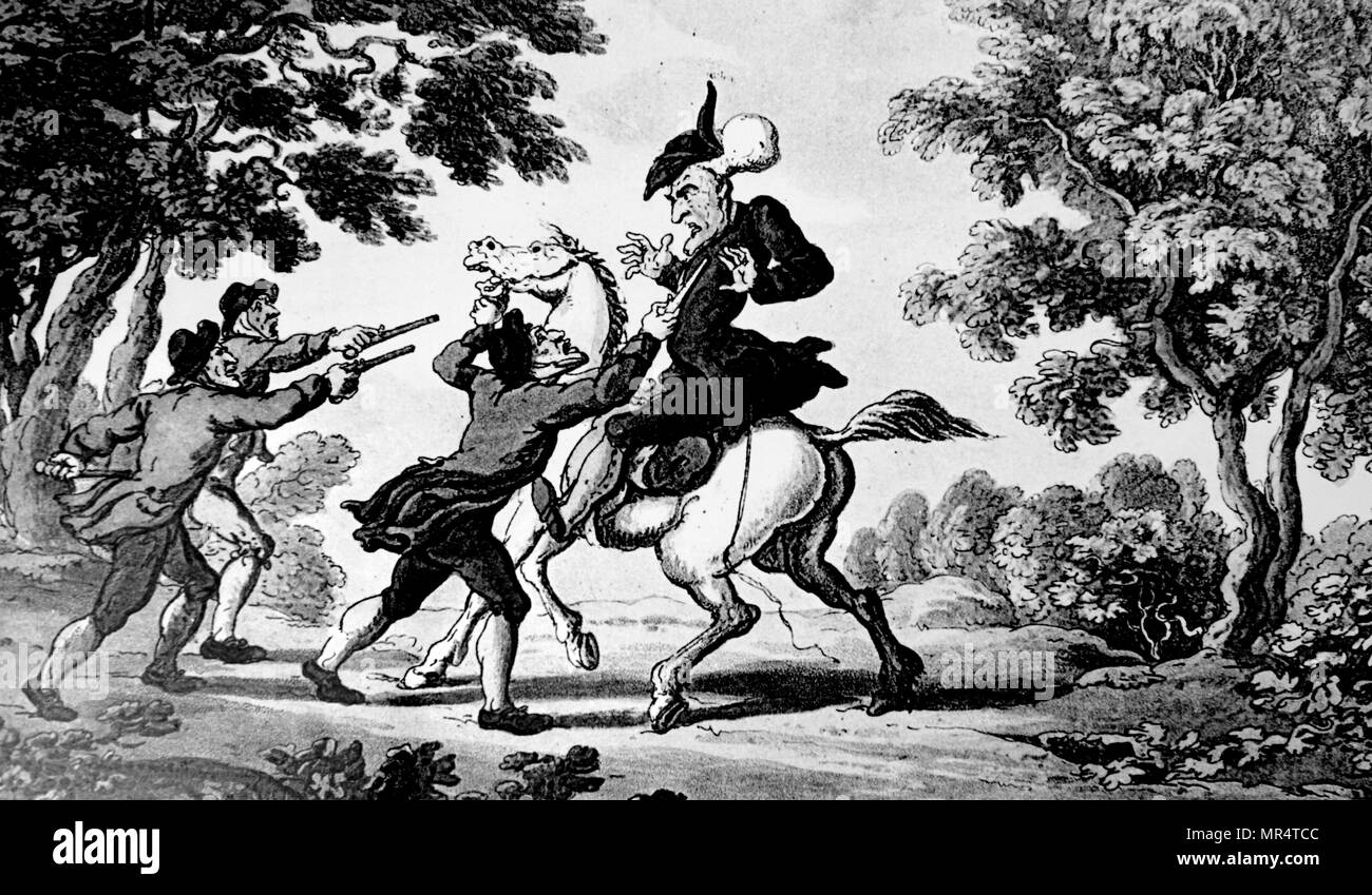 Abbildung: Darstellung Dr Syntax auf die Pfoten. Dr Syntax ist ein Comic Charakter erstellt von William Combe und Thomas Rowlandson cartoonist. Vom 19. Jahrhundert Stockfoto