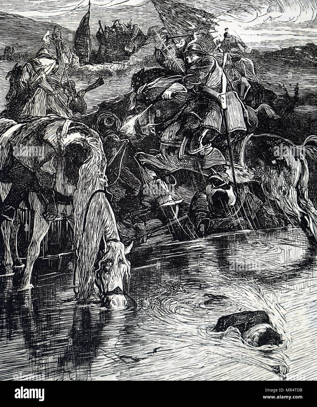 Gravur zeigt eine Szene aus dem Englischen Bürgerkrieg: Roundhead Kräfte stop top Rest ihre Pferde. Mit Ill. von William Klein (1734-1775) ein schottischer Illustrator. Vom 19. Jahrhundert Stockfoto