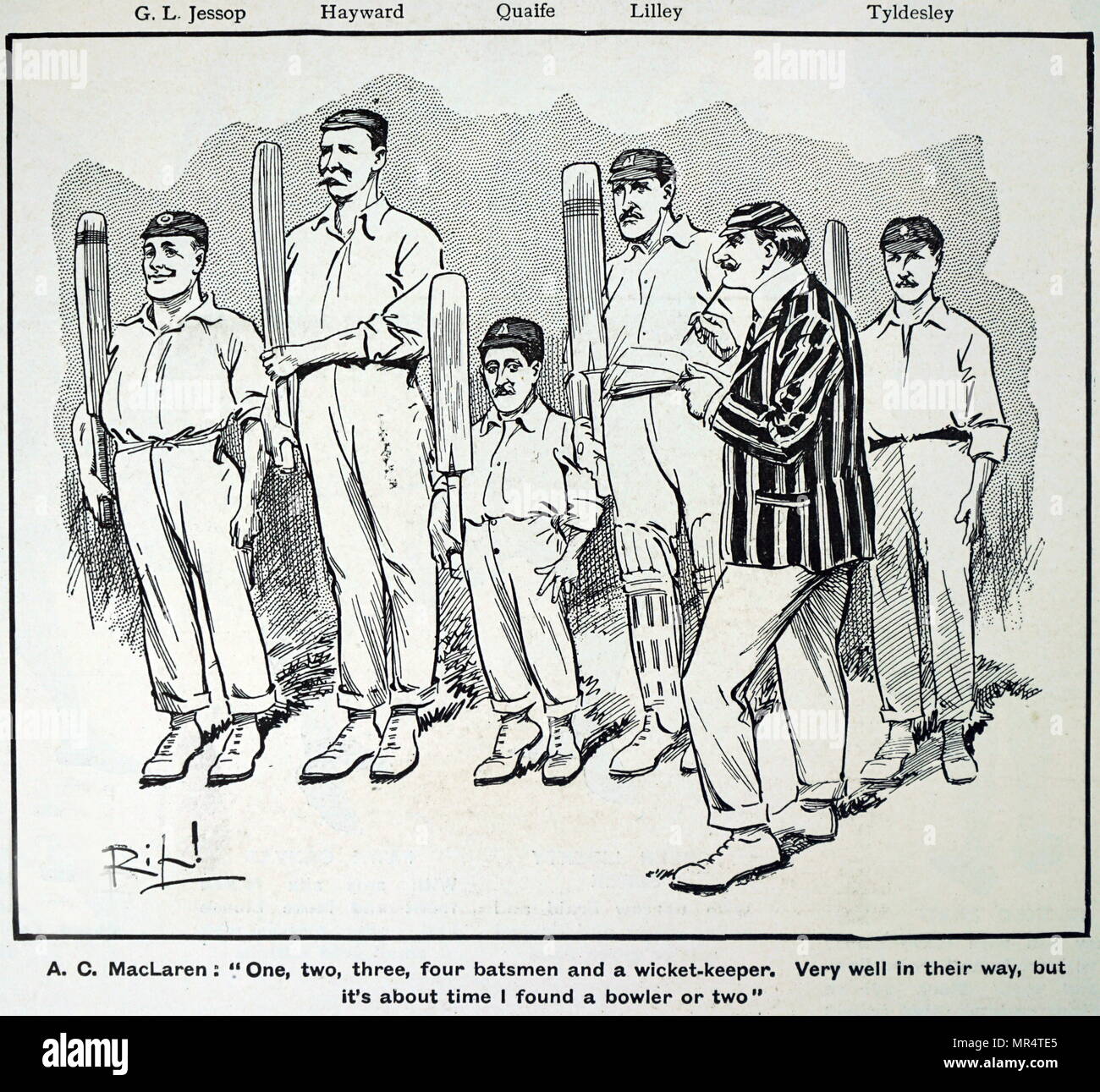 Cartoon, A.C. MacLaren versuchen, gemeinsam eine ausgeglichene Mannschaft zu setzen. Archie MacLaren (1871-1944) ein deutscher Fußballspieler, die die englische Cricket Team. Vom 20. Jahrhundert Stockfoto