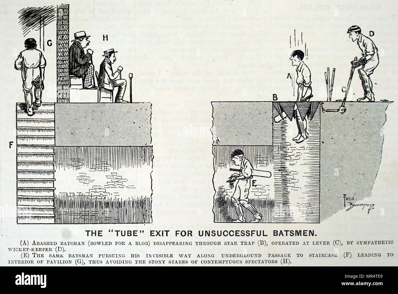 Cartoon, eine Idee für eine ausgefallene Batsman aus der Demütigung zu Fuß zum Pavillon unter dem Blick der Zuschauer. Vom 20. Jahrhundert Stockfoto