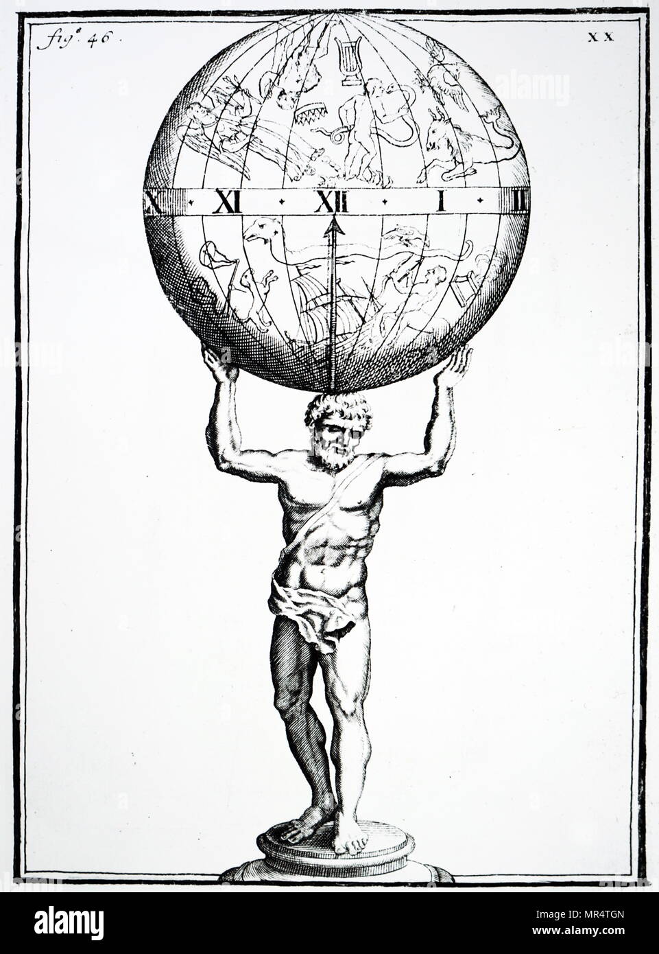Gravur, eine Uhr in der Form eines Himmelsglobus von den Schultern der Atlas unterstützt. Die Uhr wurde es im Inneren der Kugel versteckt, und drehte die Band auf, die die Stunden, die gekennzeichnet waren. Der Pfeil, der auf die aktuelle Stunde als statisch. Vom 18. Jahrhundert Stockfoto