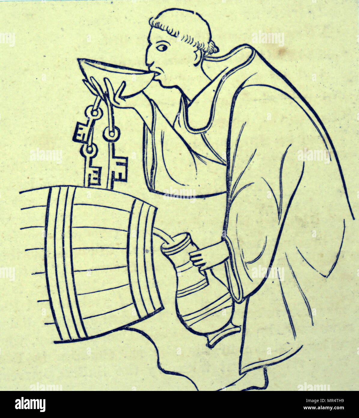 Holzschnitt Kupferstich mit der Darstellung eines Mönch holding Schlüssel zum Keller, Verkostung der Likör, als er einen Krug aus dem Fass füllt. Vom 15. Jahrhundert Stockfoto