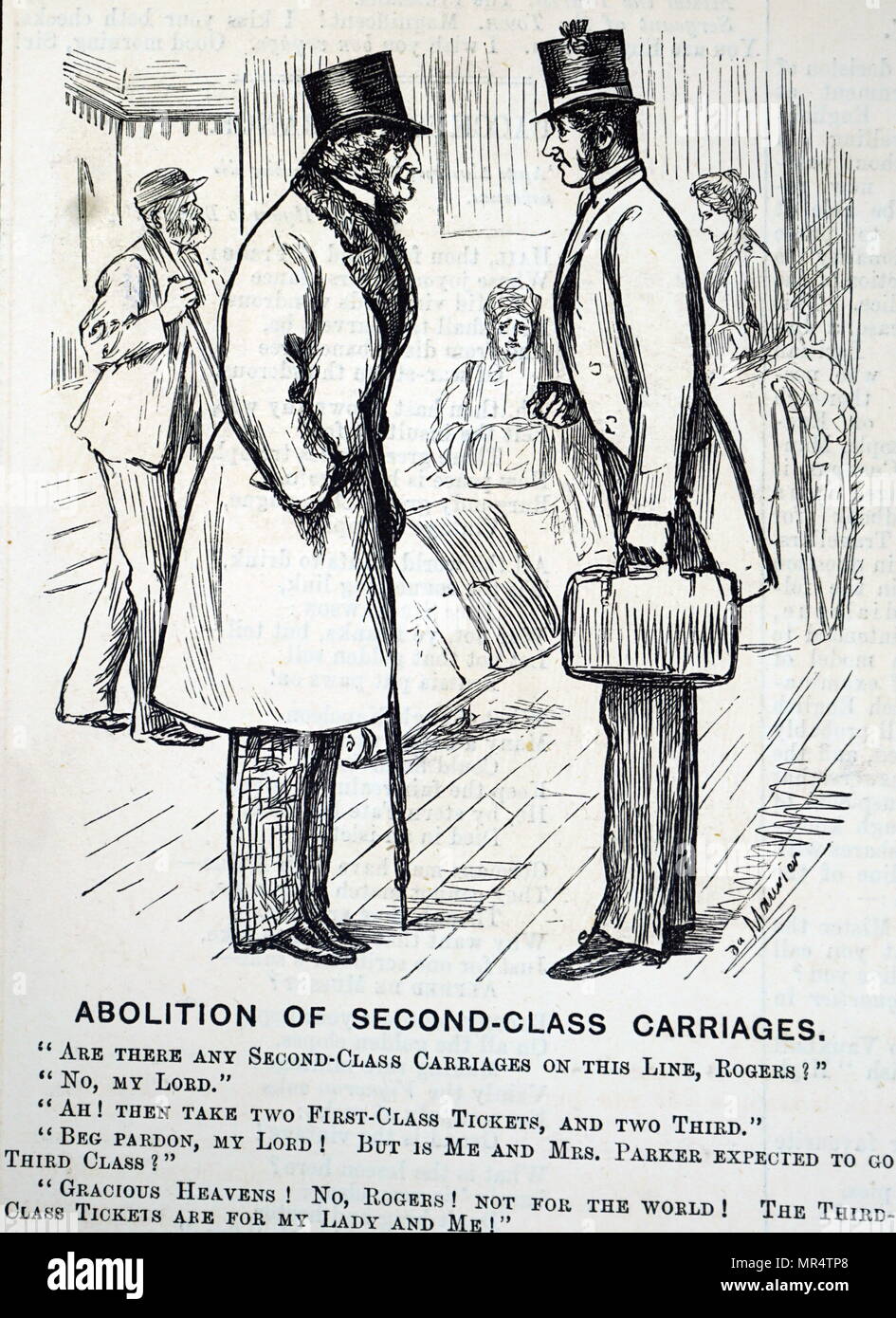 Cartoon kommentierte die Abschaffung des 2.-Klasse Wagen. Vom 19. Jahrhundert Stockfoto