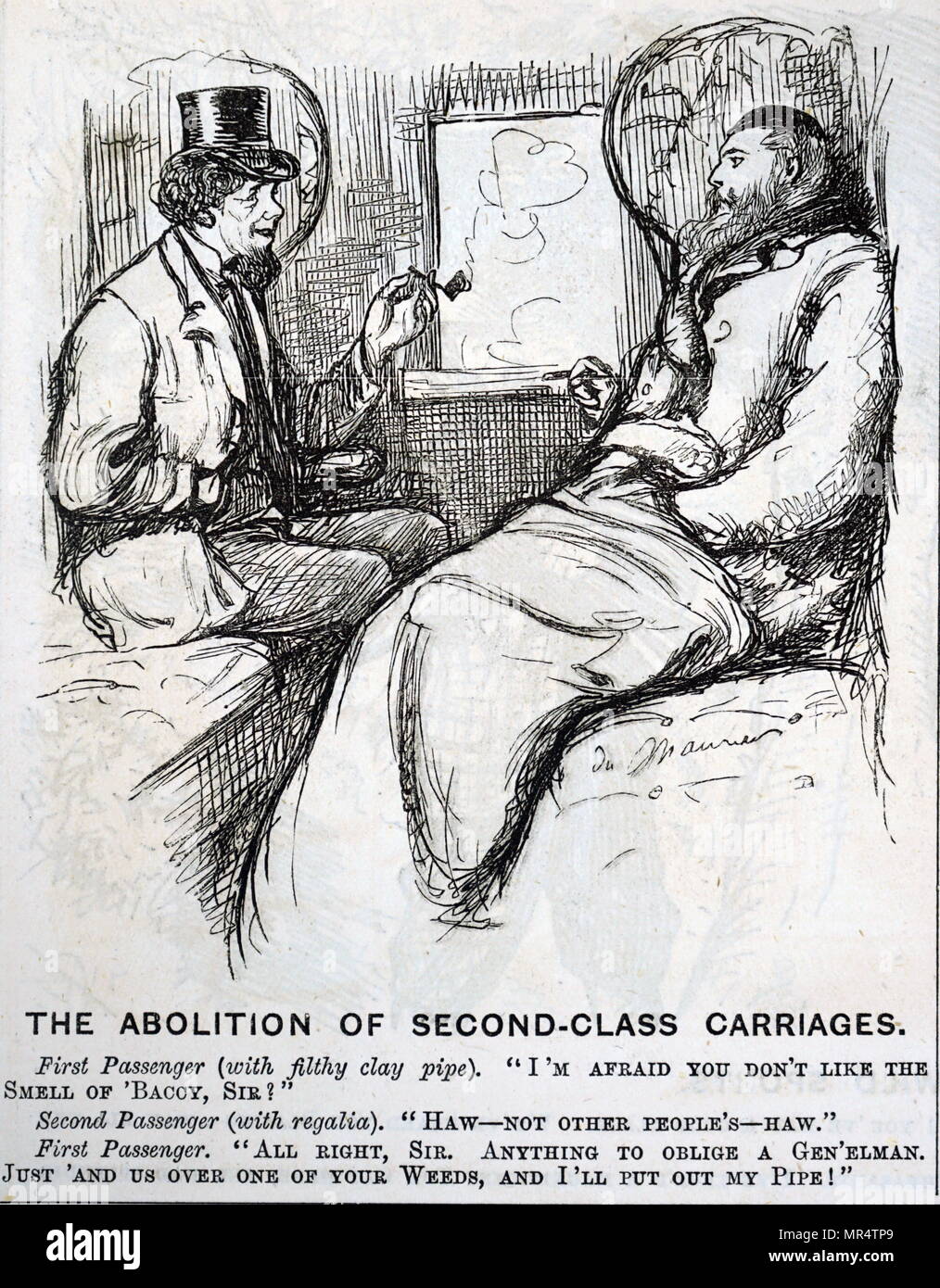 Cartoon kommentierte die Abschaffung des 2.-Klasse Wagen. Vom 19. Jahrhundert Stockfoto