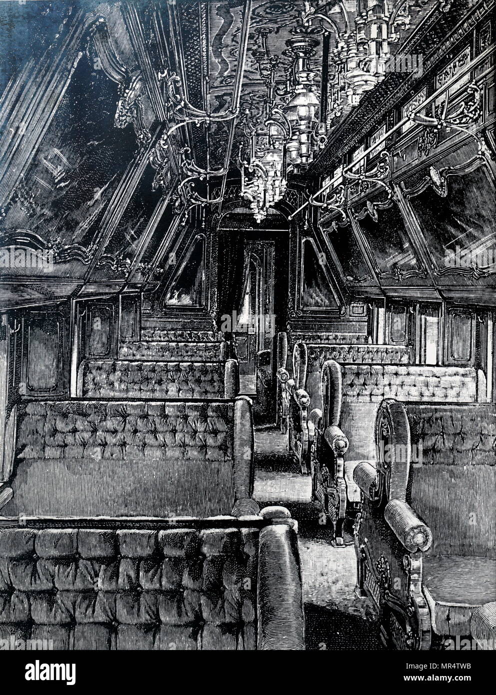 Kupferstich mit der Darstellung eines Pullman sleeper Auto auf einem Vorraum Zug, der vorhallen an ihren Enden eingeschlossen hat, im Gegensatz zu den offenen Plattformen, die sich auf frühe Autos. Vom 19. Jahrhundert Stockfoto