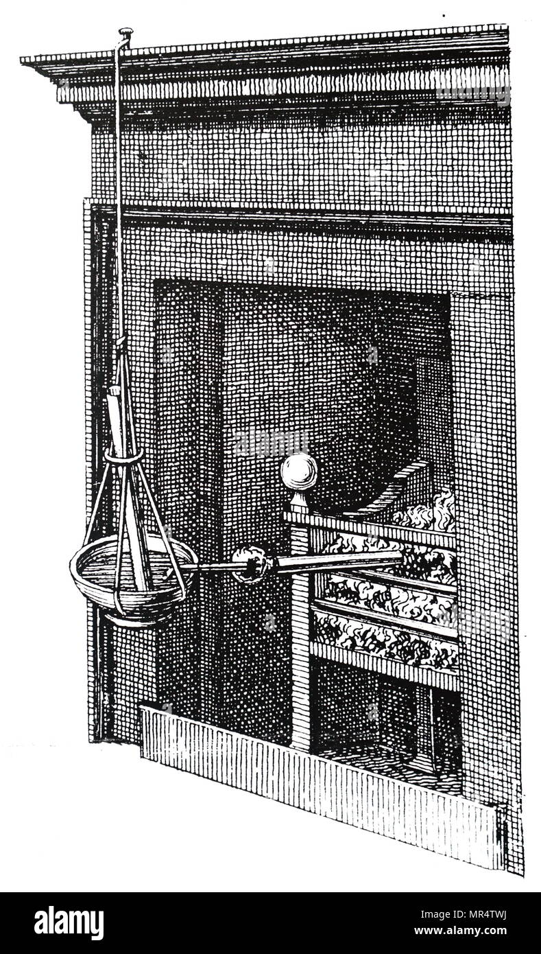 Kupferstich, Joseph Priestley's Gun Barrel Apparate, die er verwendet, wenn er es wünschte, Gase aus verschiedenen Substanzen ausgesetzt, um Wärme zu untersuchen. Priestley gelegt, die eine Prüfsubstanz unter Untersuchung in das geschlossene Ende des Zylinders, die er mit verbrannten Sand gefüllt. Rohr oder Glas Rohr war wässerte zu Pen Ende des Zylinders. Ende der Lauf ist in der Feuer- und Rohr platziert in einer Badewanne von Quecksilber aus dem Mantel Regal aufgehängt, und Gas werden erfasst. J Stockfoto