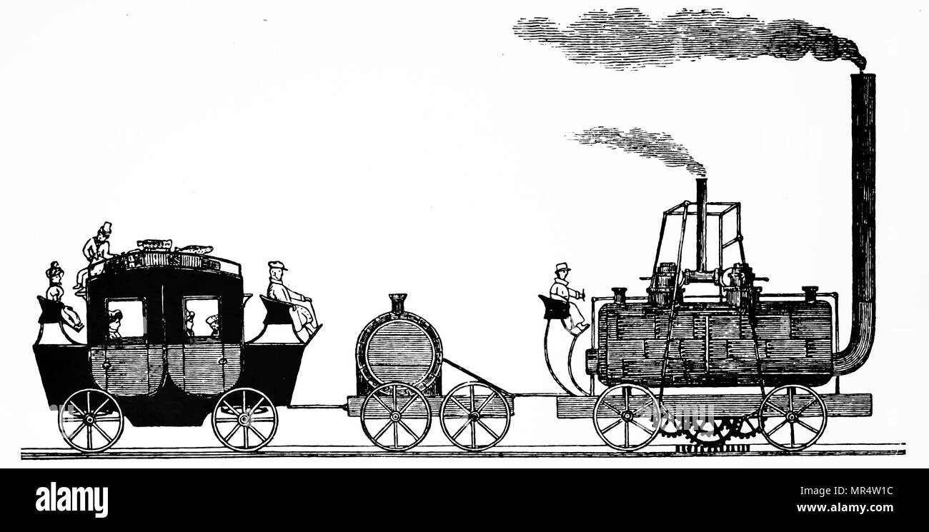 Gravur, Matthew Murray's Dampflokomotive gebaut für John Blenkinsop verwendet einen Personenwagen zu schleppen. Matthew Murray (1765-1826) ein englischer Dampfmaschine und Maschinenhersteller, die entworfen und gebaut, der ersten kommerziell tragfähigen Dampflokomotive, die Twin Zylinder Salamanca. John Blenkinsop (1783-1831) ein englischer Bergbau Ingenieur und Erfinder von Dampflokomotiven, die die ersten praktischen Eisenbahn Lokomotive konzipiert. Vom 19. Jahrhundert Stockfoto