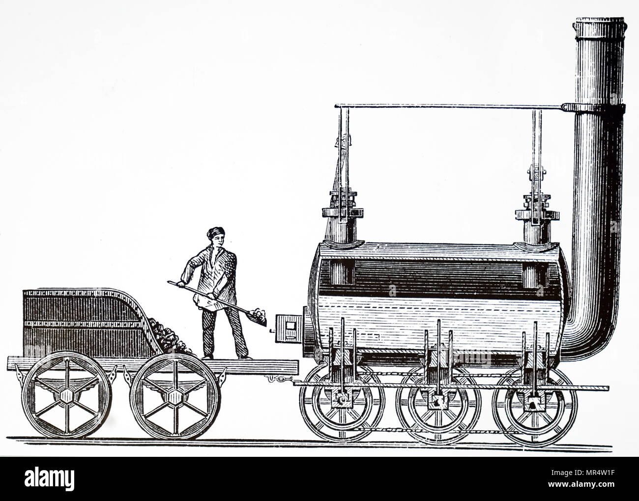 Gravur, George Stephenson die dritte Lokomotive 1816 gebaut. George Stephenson (1781-1848) ein englischer Ingenieur und Maschinenbauer. Vom 19. Jahrhundert Stockfoto