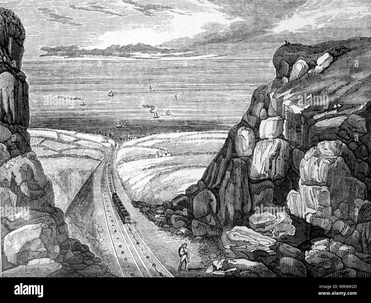 Gravur mit einer Ansicht von Seaham Hafen, Durham, zeigt das Ende der schrägen Ebene Eisenbahn, die Kohlen zu den wartenden Boote durchgeführt. Das Gewicht des vollen Wagen war ausreichend, um die leere Wagen, die auf der Zeche zu zeichnen. Vom 19. Jahrhundert Stockfoto