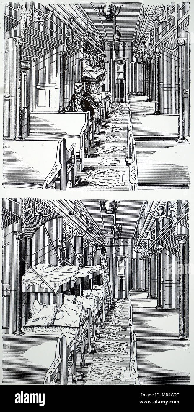 Gravur mit einem Schlaf während des Tages (oben) und dann in der Nacht mit den Kojen nach unten gezogen. Vom 19. Jahrhundert Stockfoto
