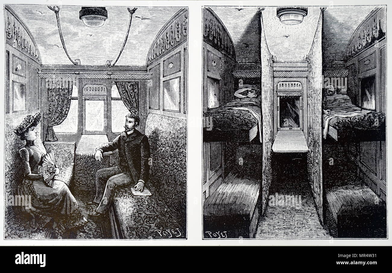 Gravur mit einem Schlaf während des Tages (links) und dann in der Nacht mit den Kojen nach unten gezogen. Vom 19. Jahrhundert Stockfoto
