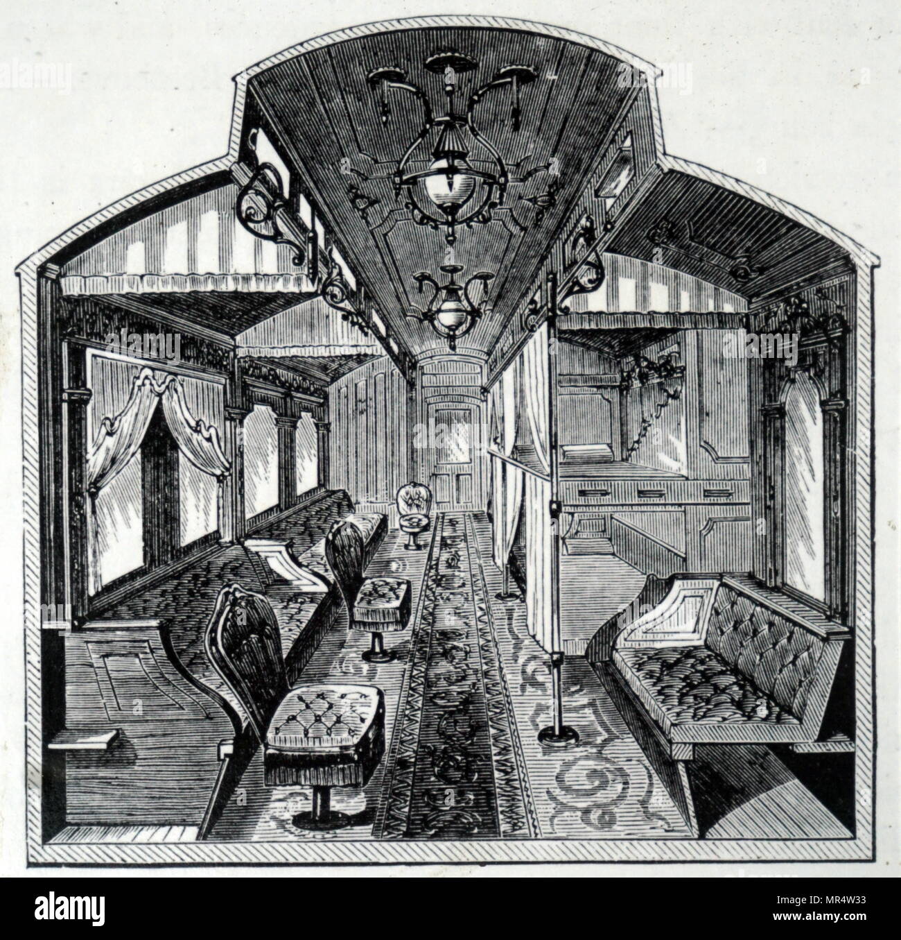 Kupferstich mit der Darstellung der Innenansicht eines Pullman Waggon. Vom 19. Jahrhundert Stockfoto