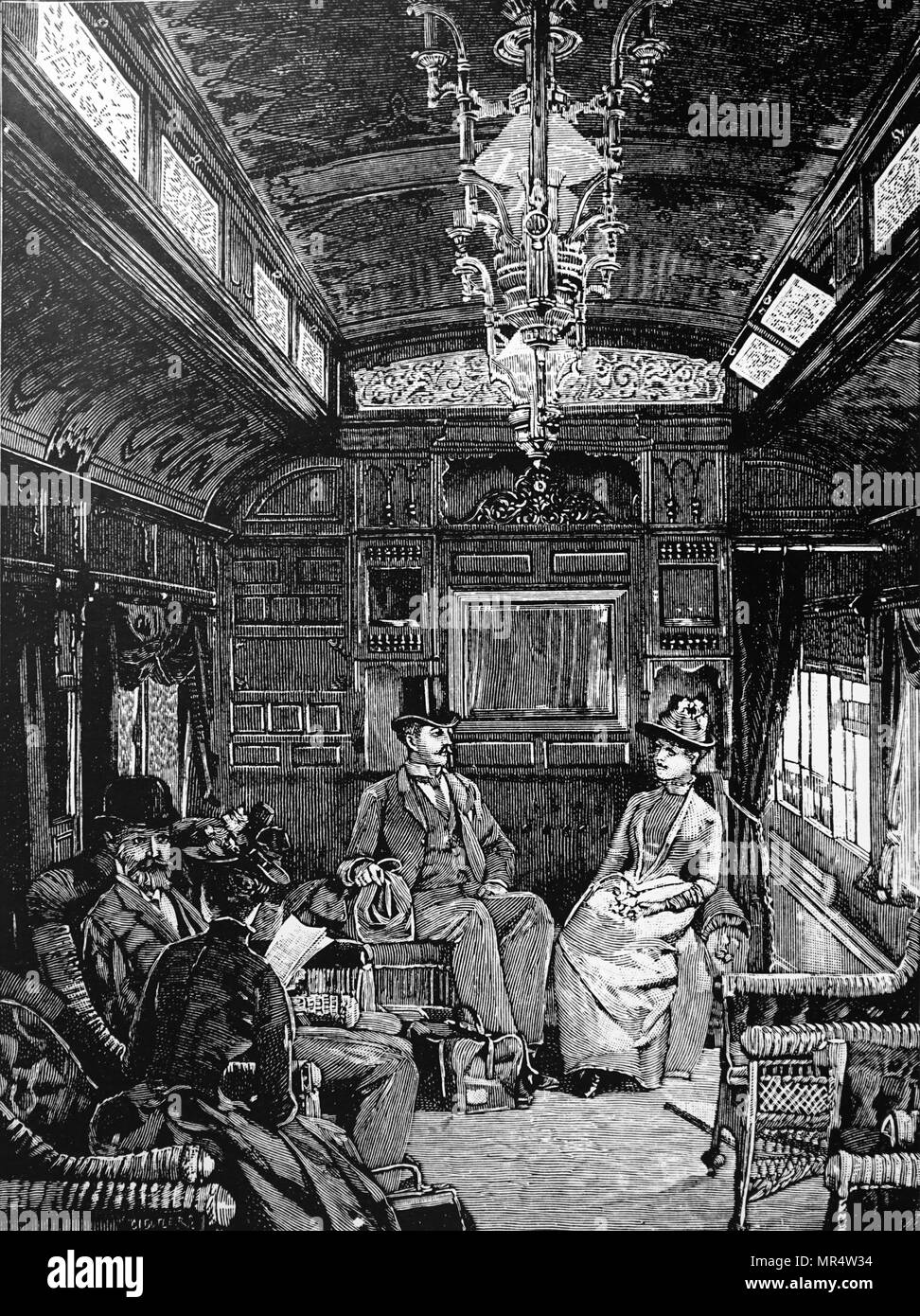 Kupferstich mit der Darstellung der Innenansicht eines Pullman Waggon. Vom 19. Jahrhundert Stockfoto
