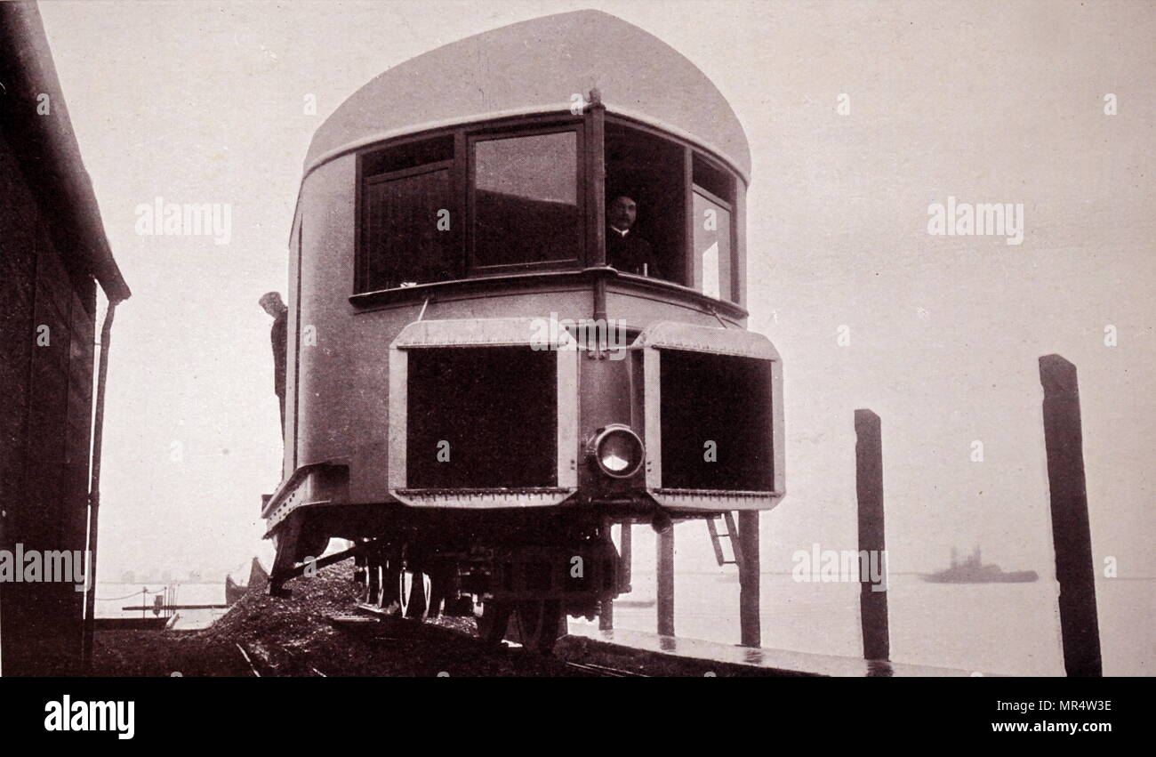 Foto von Louis Brennan's Gyro Monorail, einer Verteilerleiste land Fahrzeug, das die Fliehkraft der ein spinnrad die inhärente Instabilität der Ausgleich auf einer einzigen Schiene zu überwinden. Louis Brennan (1852-1932) eine Irish-Australian mechanische Ingenieur und Erfinder. Vom 20. Jahrhundert Stockfoto