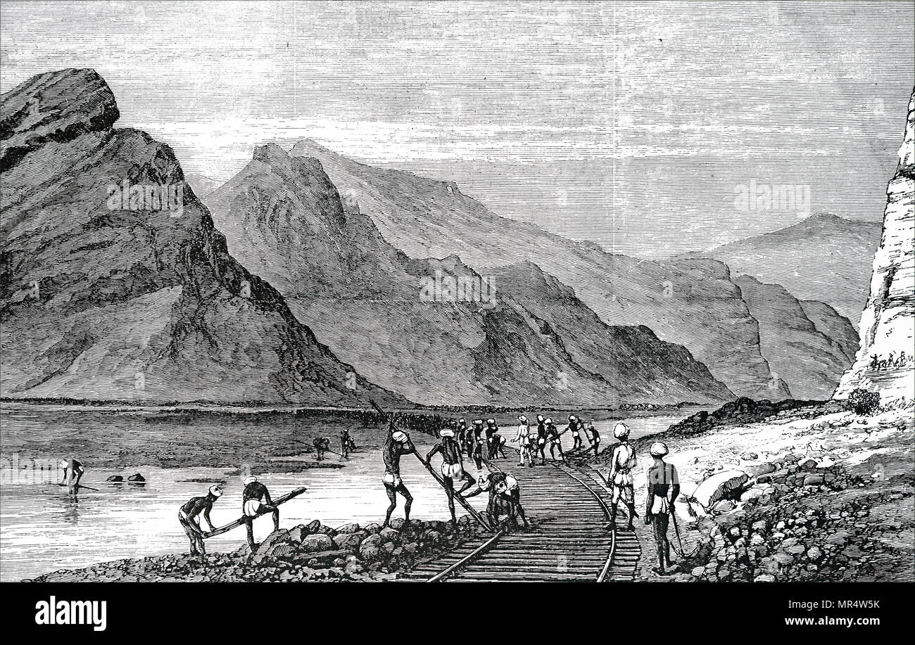 Kupferstich mit der Darstellung der Verlegung der Track auf der Bolan Pass Bahnlinie, die die britische Armee in Quetta an der afghanischen Grenze serviert. Vom 19. Jahrhundert Stockfoto