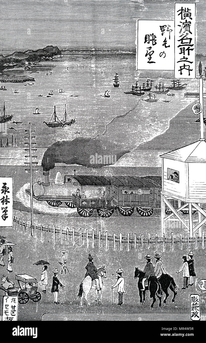 Holzschnitt Kupferstich mit der Darstellung der Ankunft der ersten Eisenbahn Lokomotive bei Jeddo, Japan. Vom 19. Jahrhundert Stockfoto
