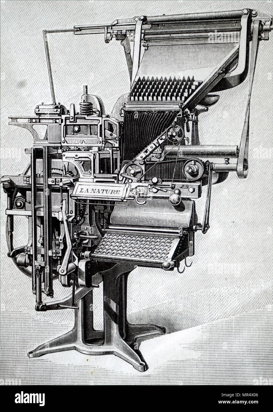 Abbildung: Darstellung einer Linotype Maschine, eine Komposition, eine Zeile 'Casting' Maschine für den Druck verwendet. Die durchschnittliche Rate war 4.000 Zeichen pro Stunde, aber mit einem erfahrenen Fahrer könnte dies auf 7.500 steigen. Vom 19. Jahrhundert Stockfoto