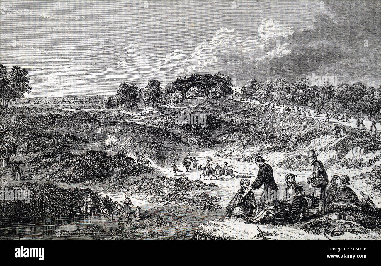 Abbildung: Darstellung von Hampstead Heath, einem großen alten London Park, umfasst 320 Hektar. Vom 19. Jahrhundert Stockfoto