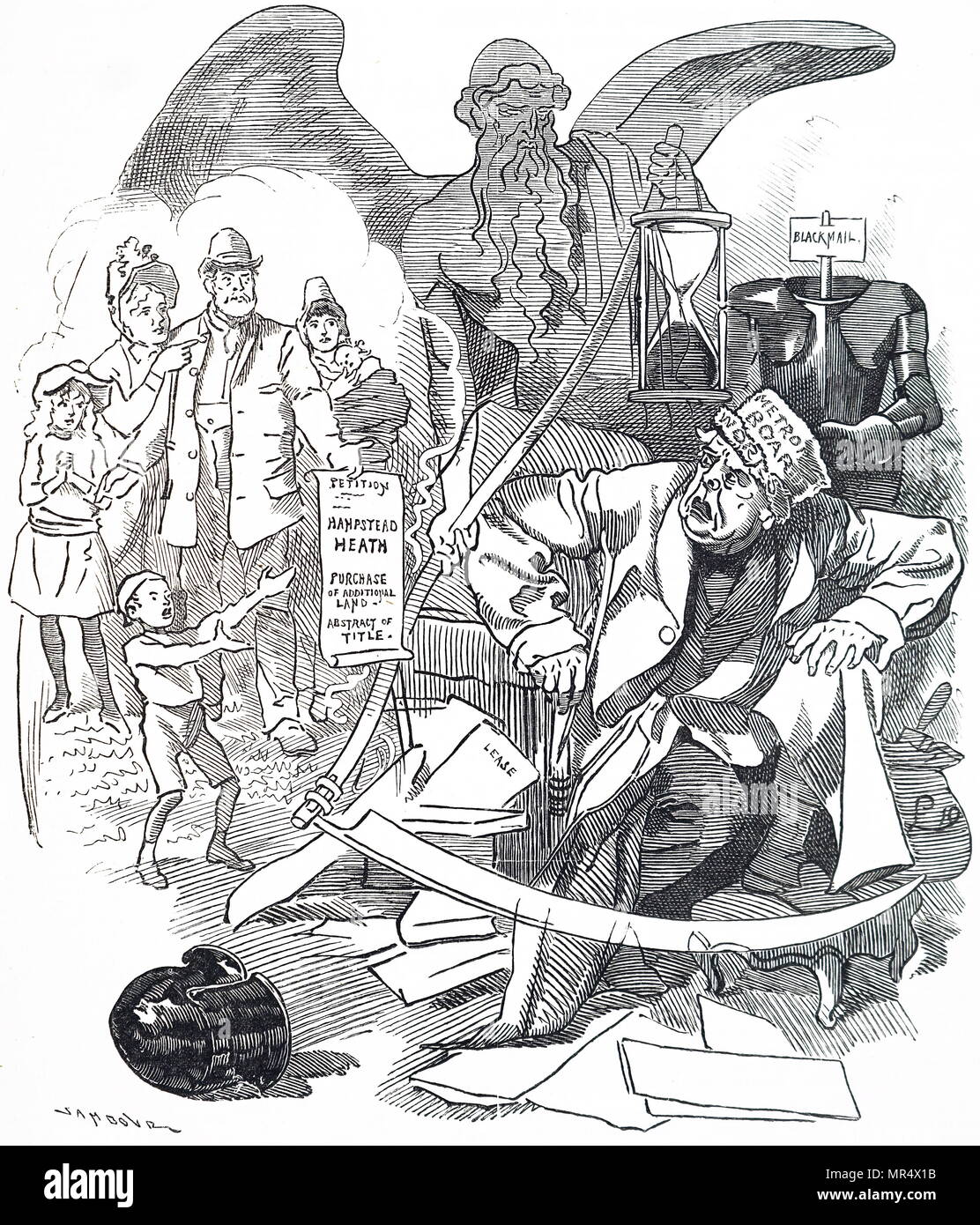Satirische Karikatur über Proteste gegen die Stadtentwicklung in Hampstead, London; 1888. Die Metropolitan Board of Works (dargestellt in der Karikatur) war das wichtigste Instrument der London-wide Regierung von Dezember 1855 bis zur Errichtung der London County Council im März 1889. Seine wichtigste Aufgabe war die Infrastruktur mit Rapid Londons Wachstum bewältigen zu können Stockfoto