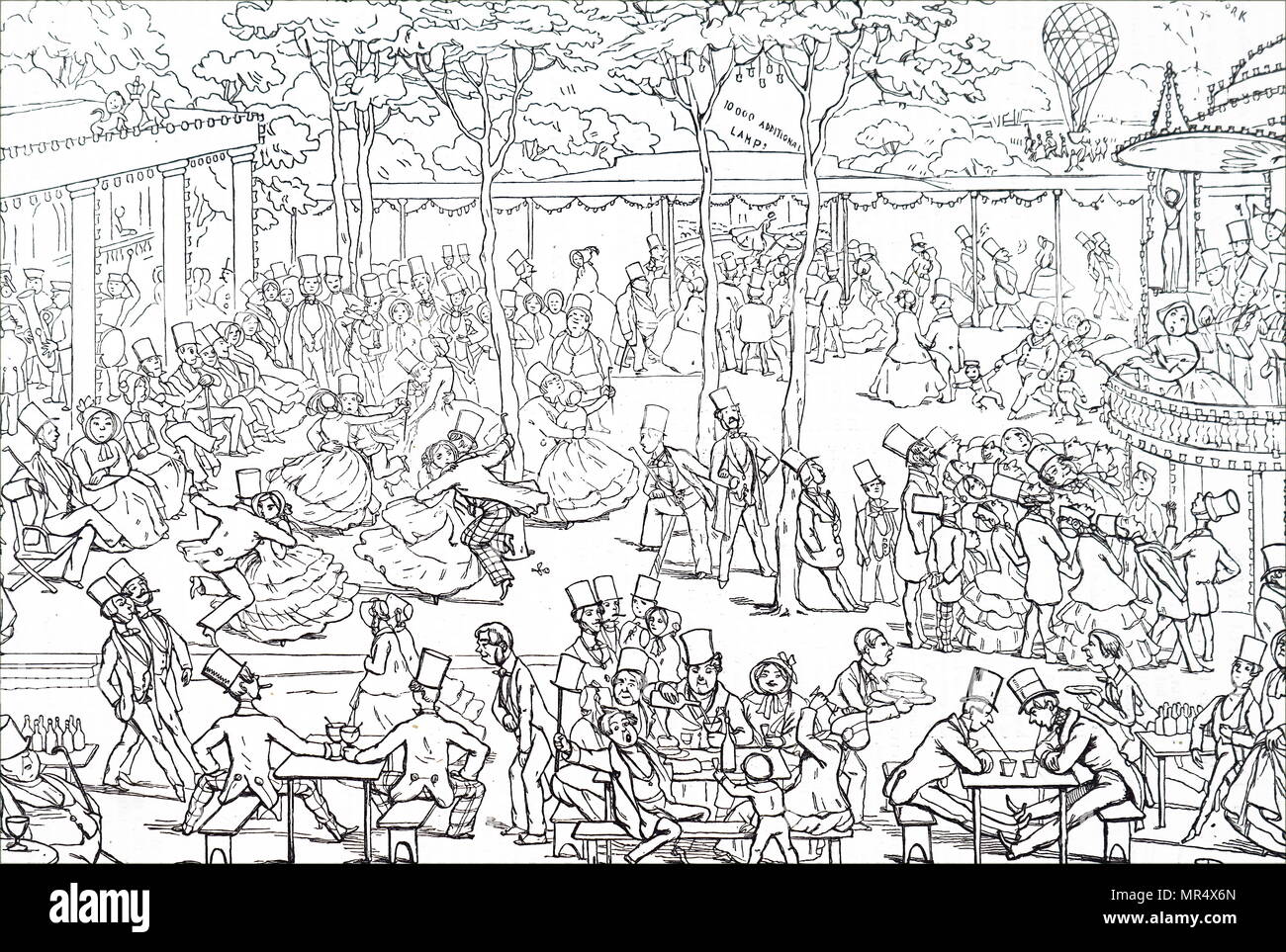 Cartoon, einem langen Vauxhall Park, einem viktorianischen Park mit Kinderspielplatz, Lavendel Garten, Model Village, Hund und Café. Vom 19. Jahrhundert Stockfoto