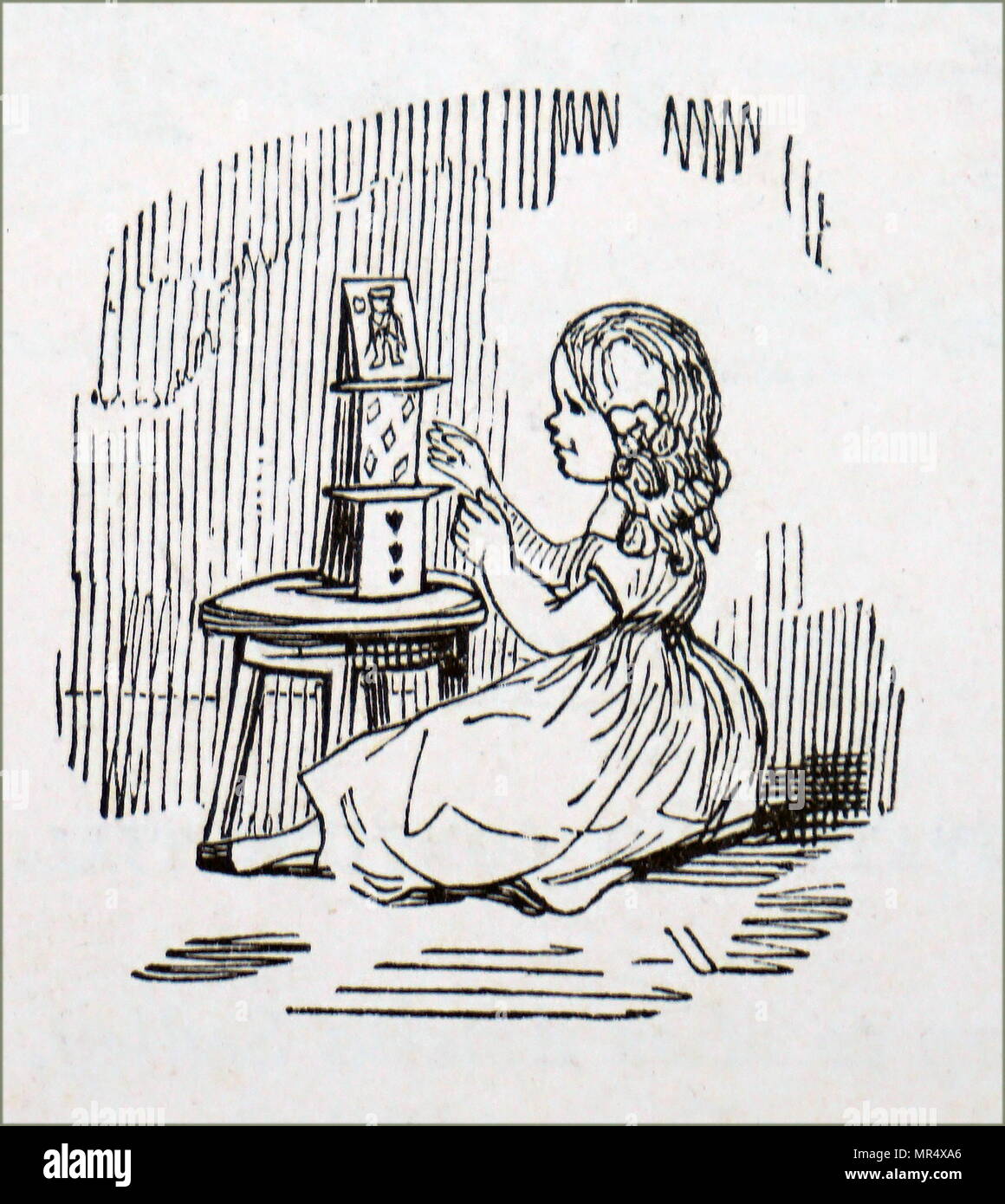 Abbildung zeigt ein junges Mädchen, das Haus der Karten. Vom 19. Jahrhundert Stockfoto