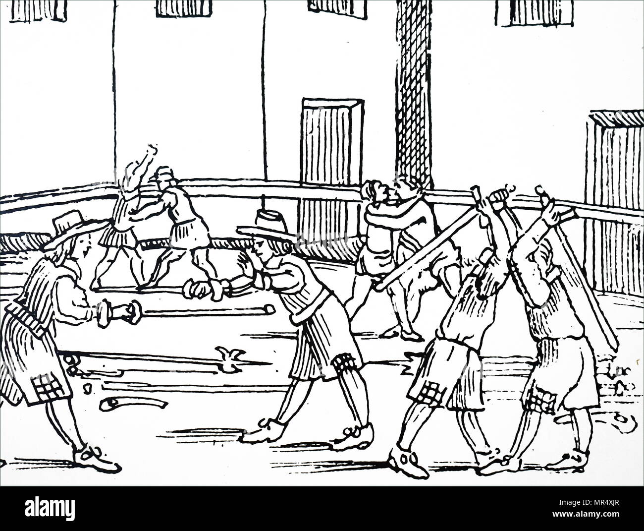Holzschnitt drucken Darstellung fechten Praxis. Vom 16. Jahrhundert Stockfoto