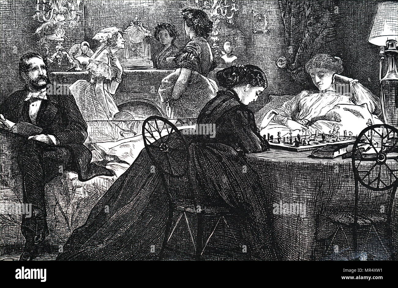 Abbildung zeigt eine Partie Schach. Vom 19. Jahrhundert Stockfoto