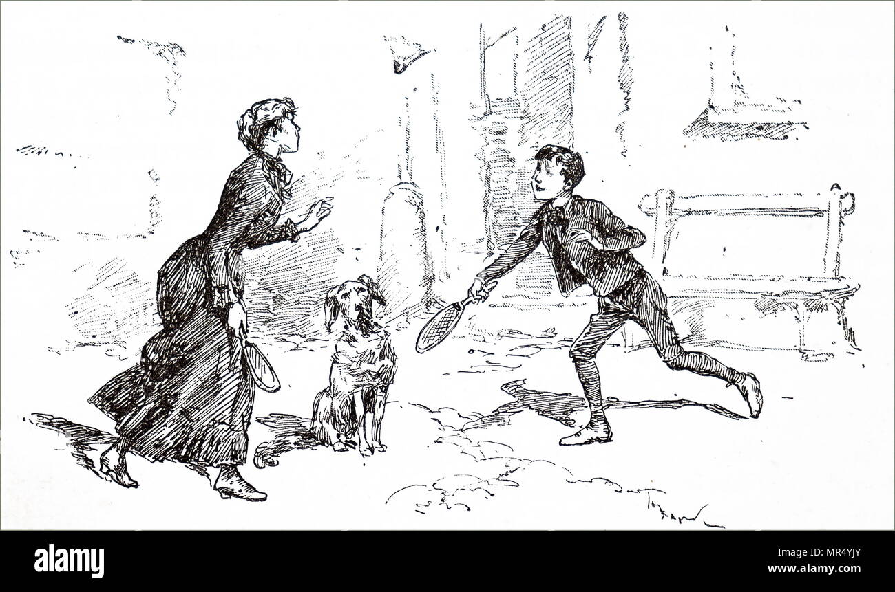 Abbildung: Darstellung einer Mutter und Sohn, ein freundliches Spiel des Federball. Vom 19. Jahrhundert Stockfoto
