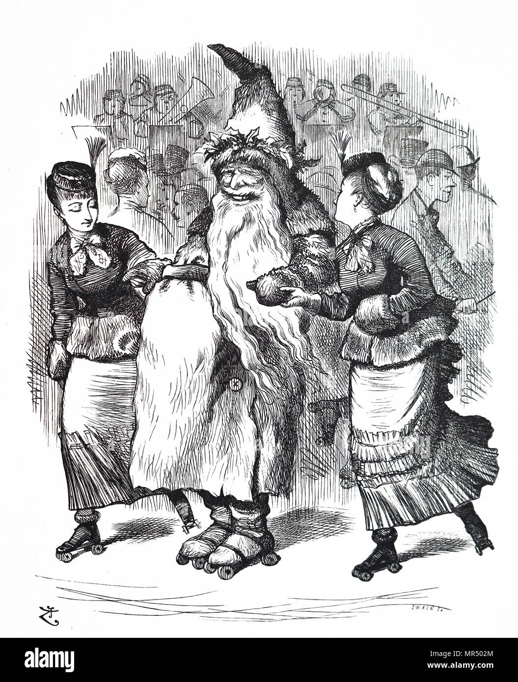 Cartoon, der Weihnachtsmann Skaten. Illustriert von John Tenniel (1820-1914) ein englischer Illustrator Grafik Humorist und politischen Karikaturisten. Vom 19. Jahrhundert Stockfoto