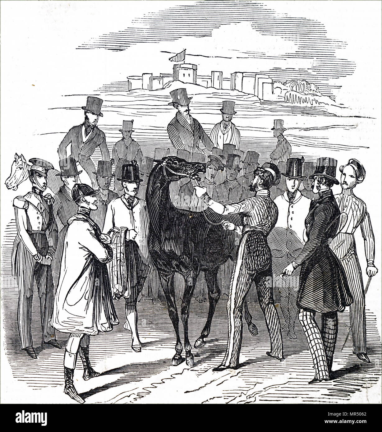 Abbildung zeigt ein Pferd aus dem Jahre 1836 Grand Liverpool Hindernislauf, das erste von drei inoffizielle jährliche Vorläufer von einem Hindernislauf, das später als der Grand National bekannt wurde. Vom 19. Jahrhundert Stockfoto