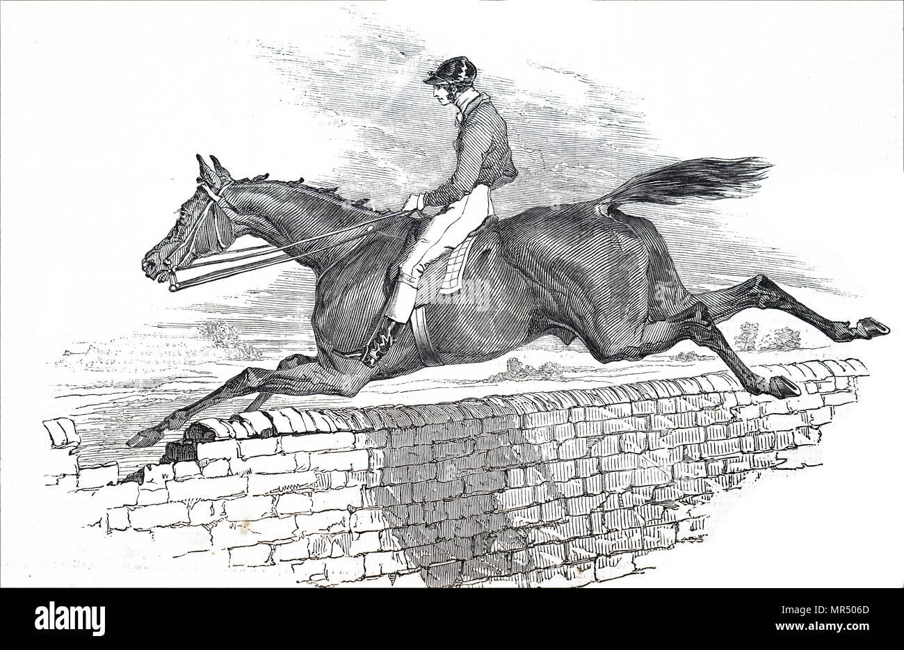 Abbildung zeigt ein Pferd aus dem Jahre 1836 Grand Liverpool Hindernislauf, das erste von drei inoffizielle jährliche Vorläufer von einem Hindernislauf, das später als der Grand National bekannt wurde. Vom 19. Jahrhundert Stockfoto