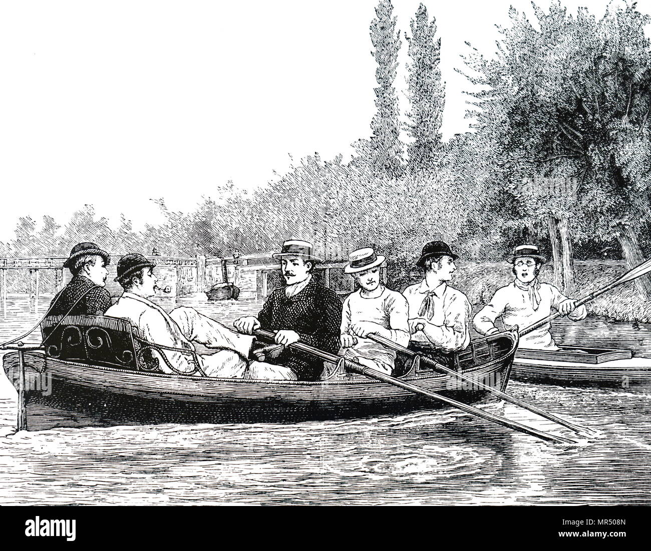 Abbildung: Darstellung der Universität Oxford Studenten Rudern auf dem Iffley River. Vom 19. Jahrhundert Stockfoto