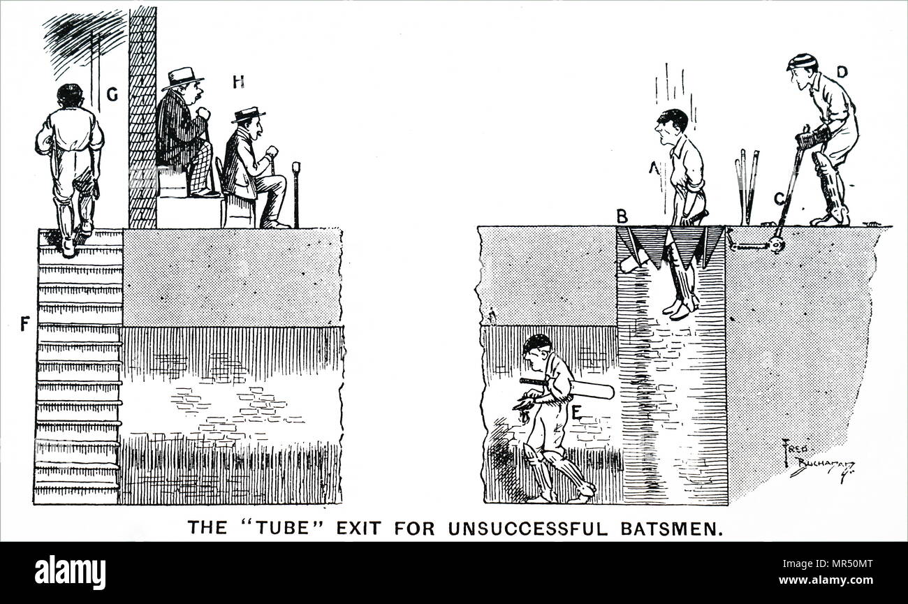 Cartoon Idee für das Speichern eines ausgefallenen Batsman die Demütigung zu Fuß zum Pavillon unter dem Blick der Zuschauer. Vom 19. Jahrhundert Stockfoto