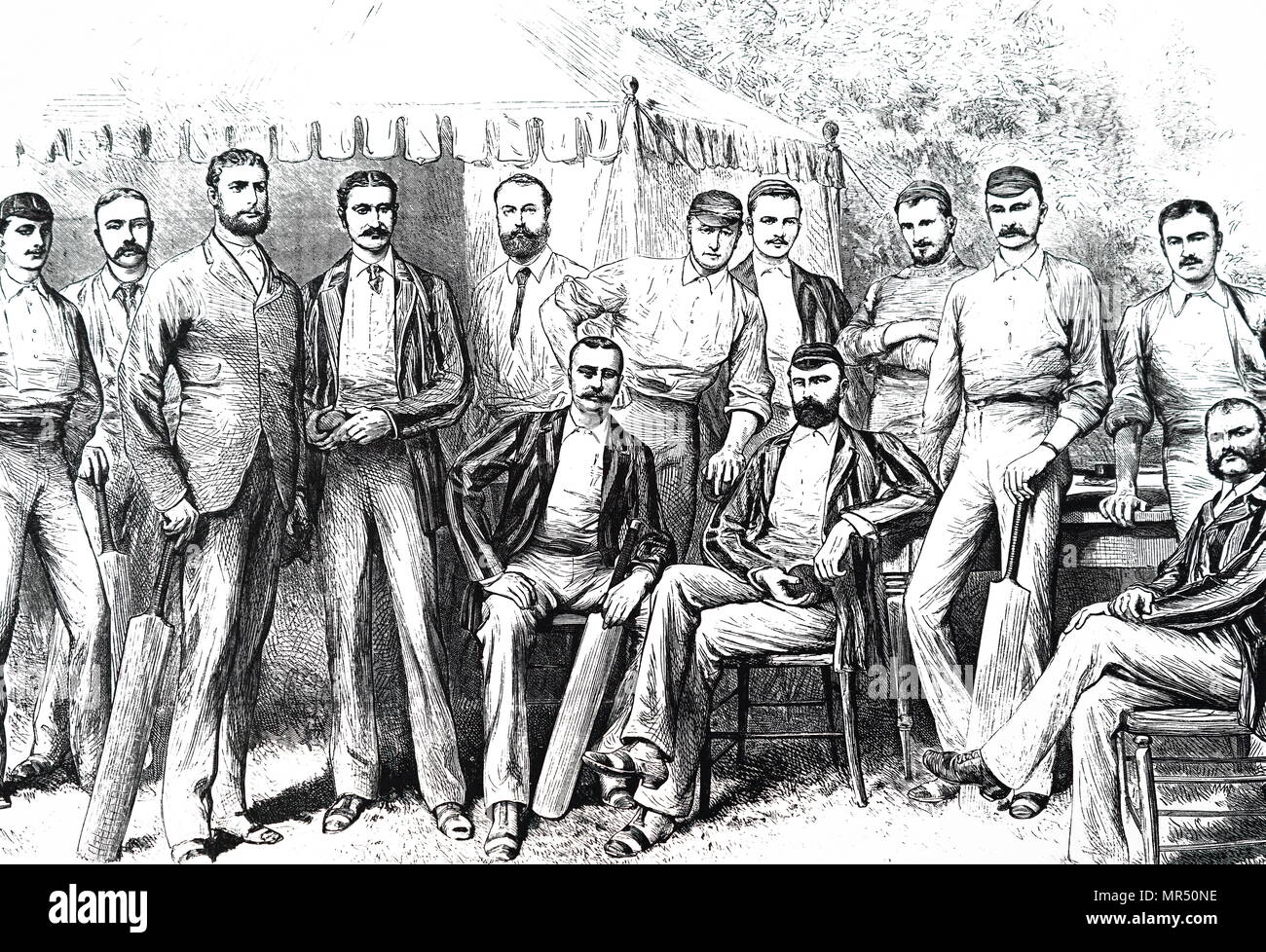 Abbildung: Darstellung der Australischen touring Cricket Team von 1882. Nach rechts: S. Jones; A.C. Bannerman, G. J. Bonnor, F.R., J. McCarthy Spofforth Blackhara, W. L. Murdoch, G. Eugene Palmer, G. Giffe, H.F. Boyle, T. W. Garrett, H.H. Massie, Percy S. MacDonnell, T. Horan Links. Vom 19. Jahrhundert Stockfoto