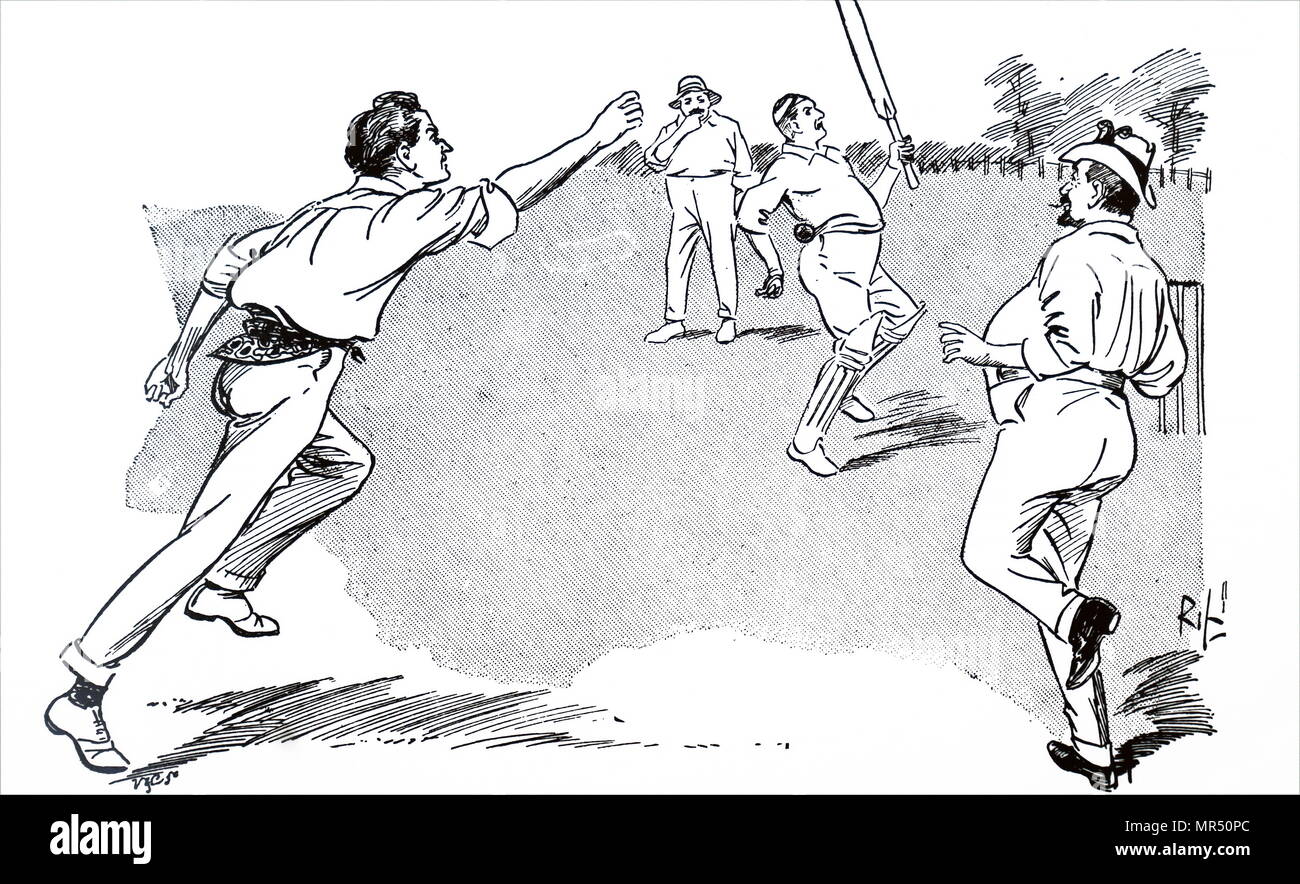 Cartoon, Baseball Taktiken nicht geschätzt auf dem Kricketfeld. Vom 20. Jahrhundert Stockfoto